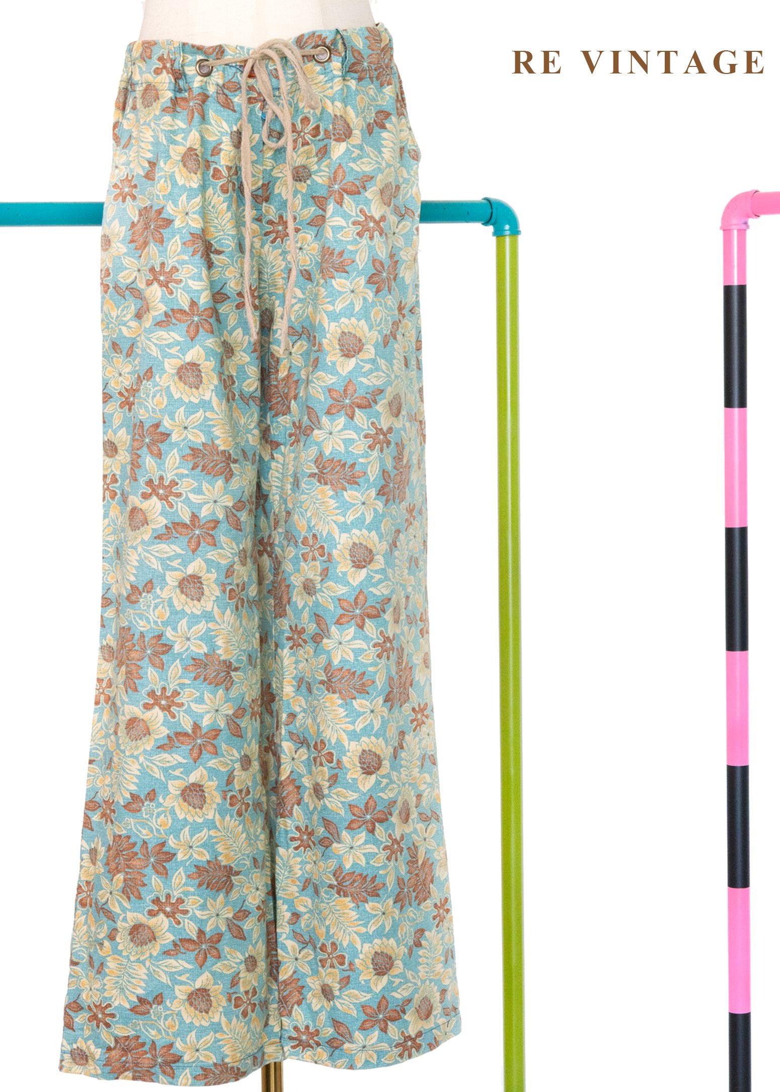 鄉村藍棕黃花慵懶午後寬版直筒褲（24-32"）