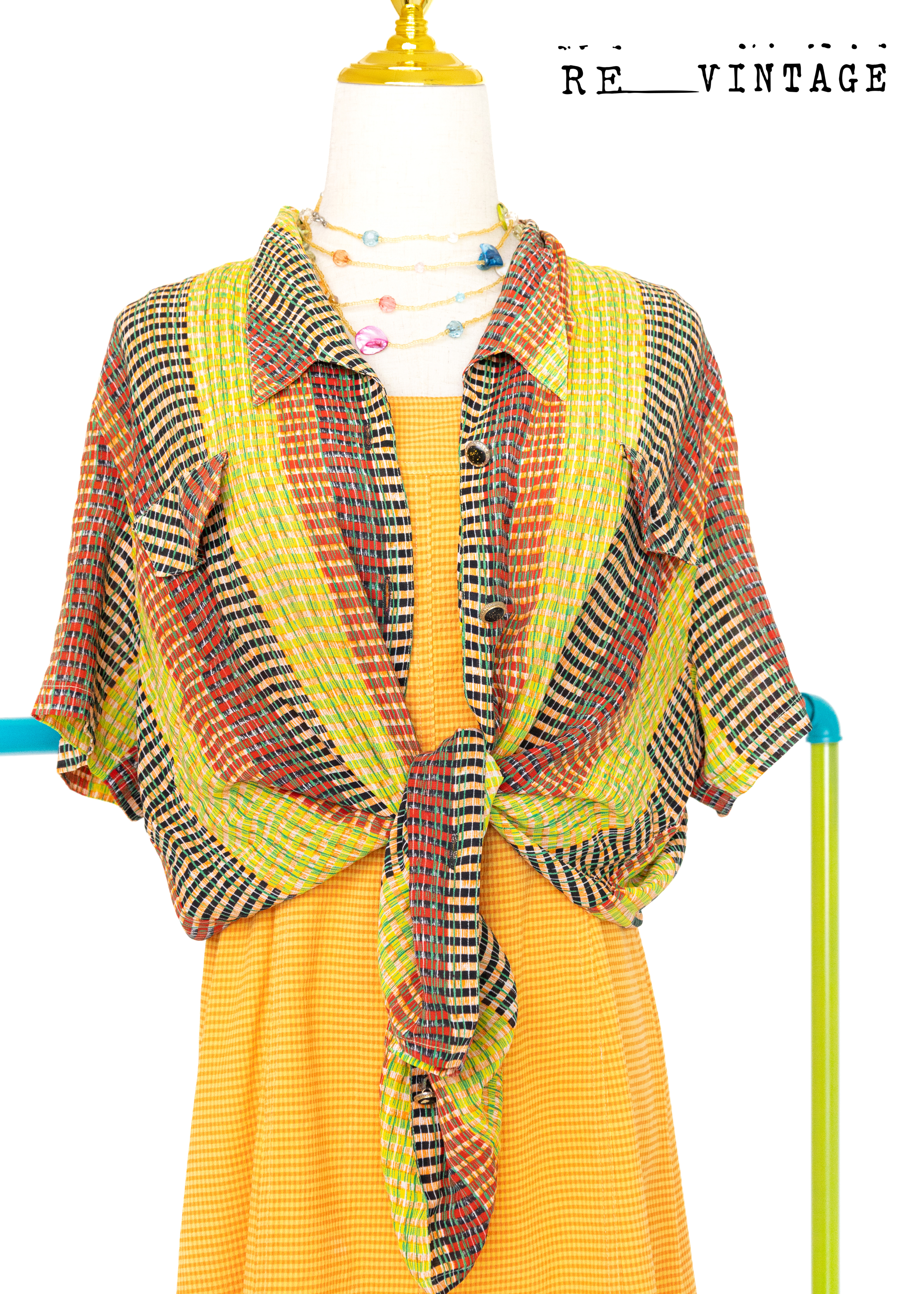 格紋線條黃橘黑短袖襯衫