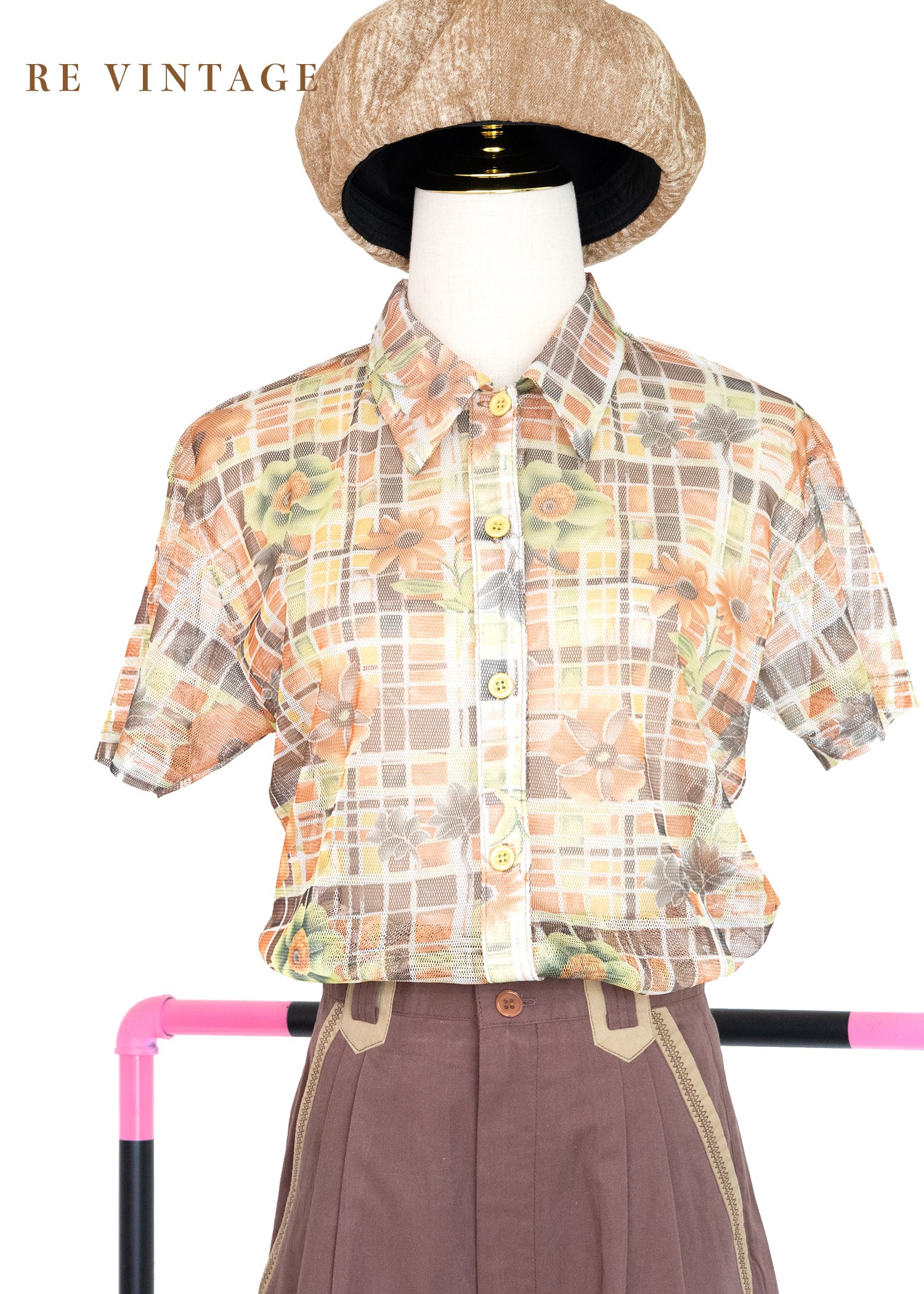 格子裡の可愛小花網紗上衣