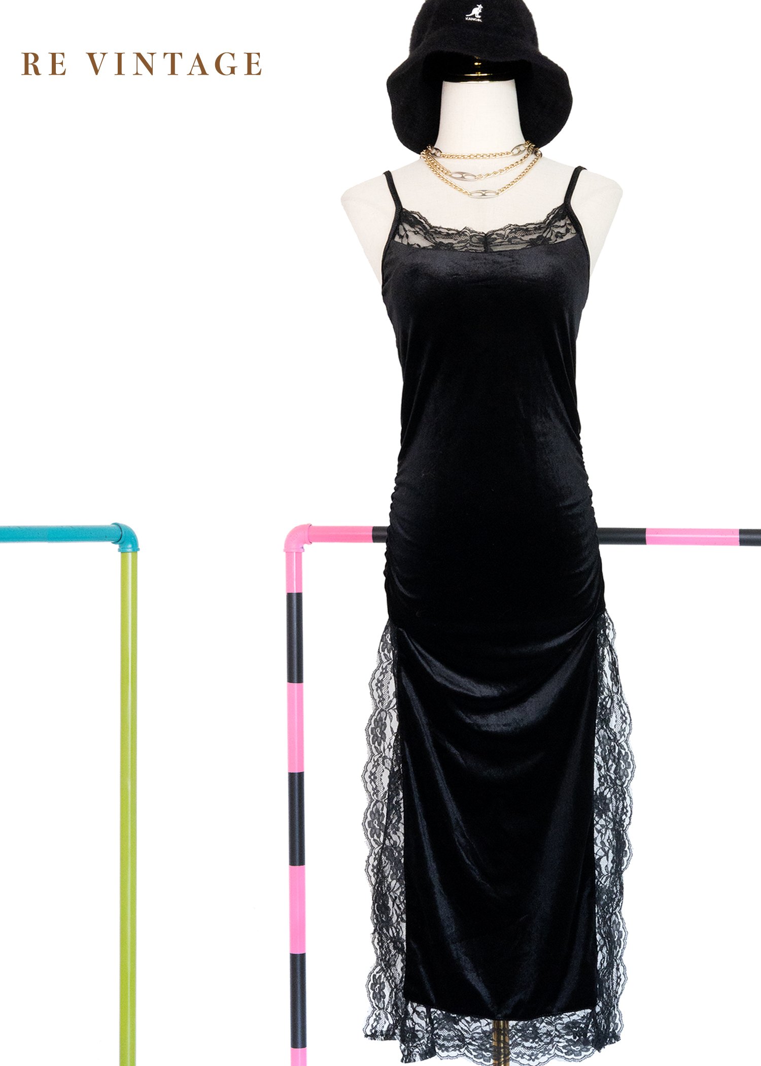 絲絨光澤蕾絲細肩帶洋裝