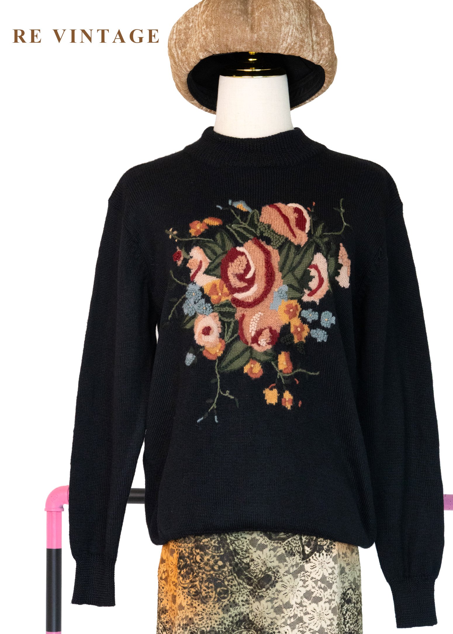 法式溫柔花束黑色針織毛衣