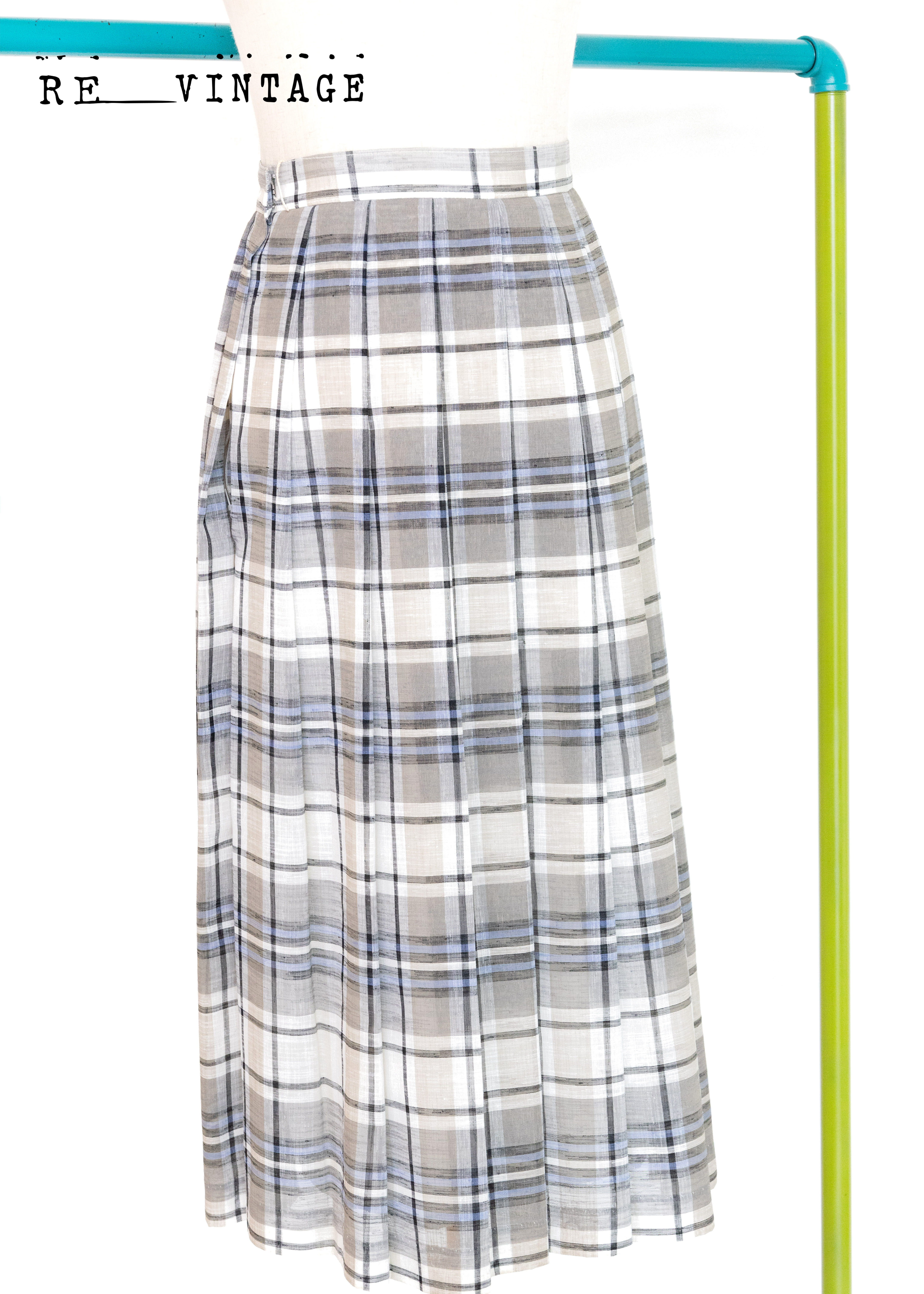 麻料手感的粉筆藍灰色格紋百褶裙