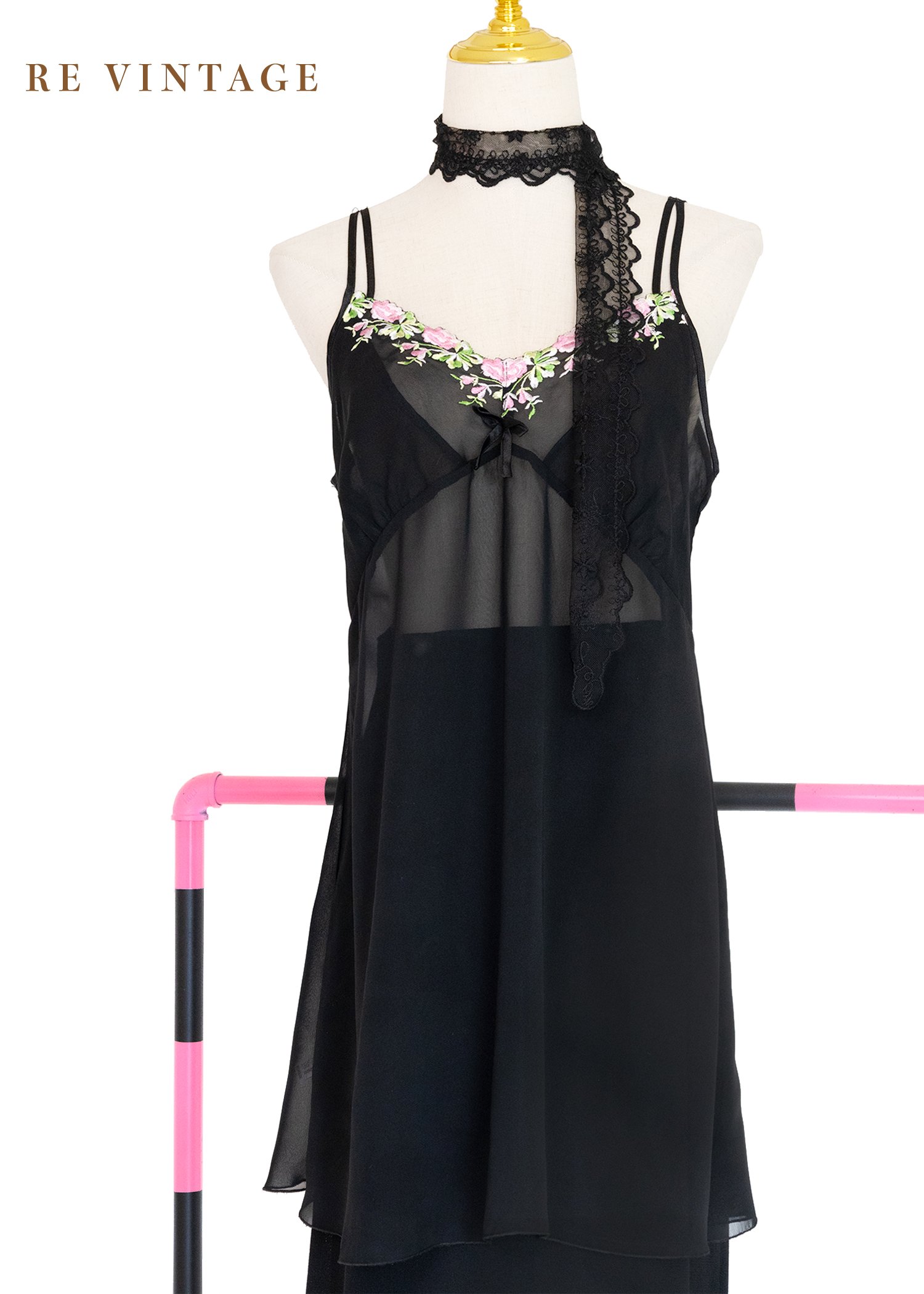 粉色玫瑰秘密黑紗細肩帶背心