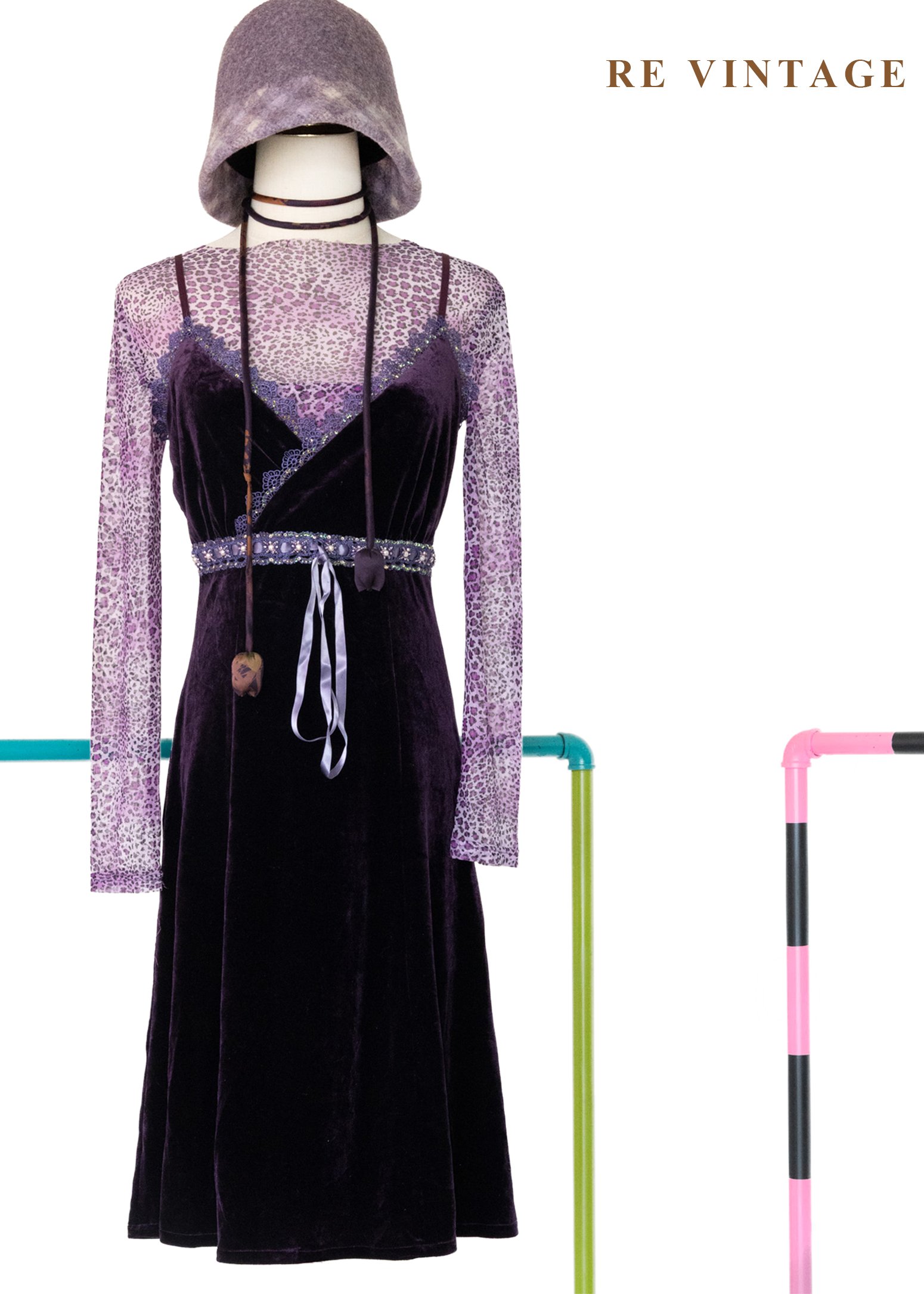 永夜之夢 - 寶石珠珠絨布細肩帶洋裝