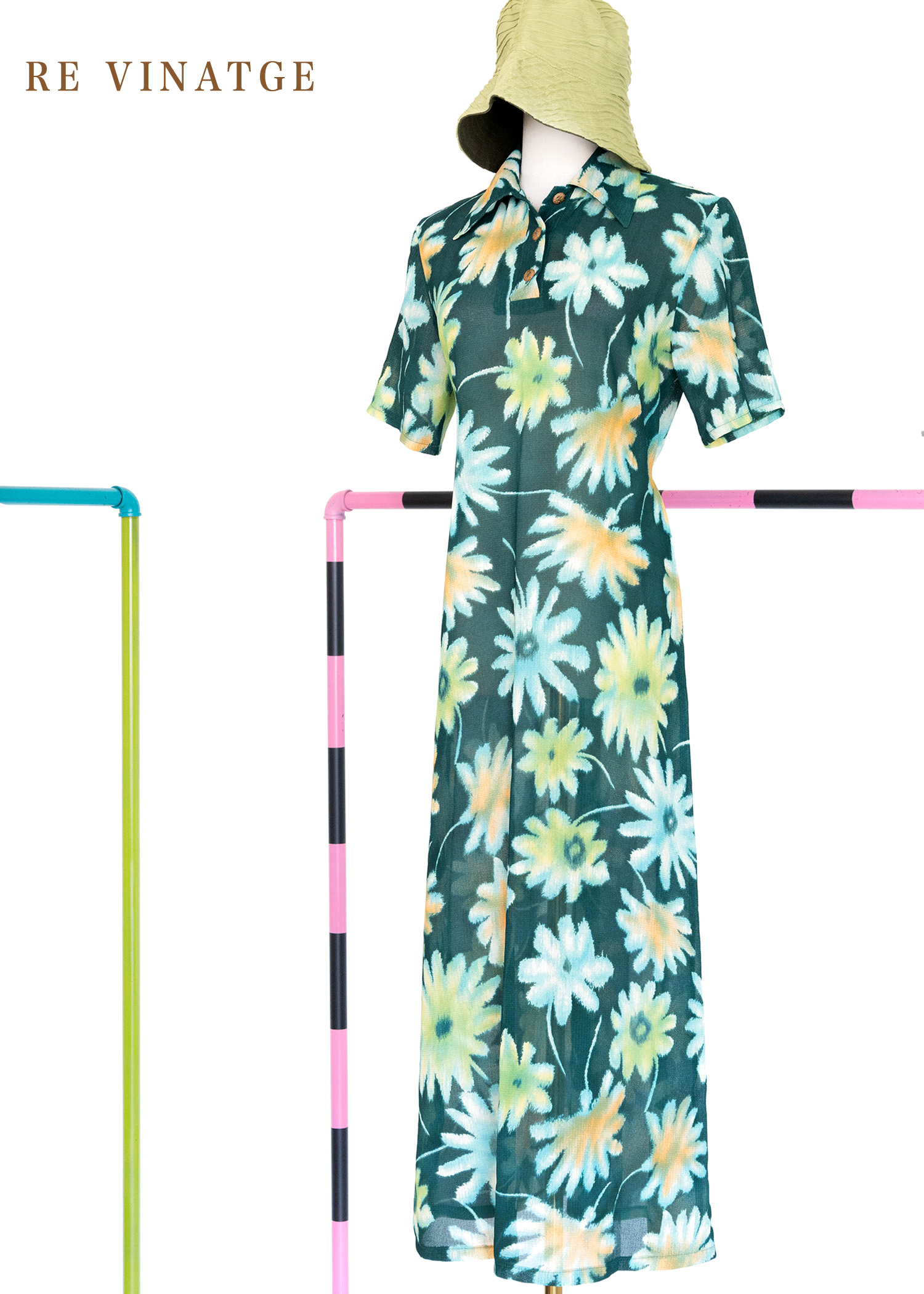 松花綠暈染大花朵長洋裝