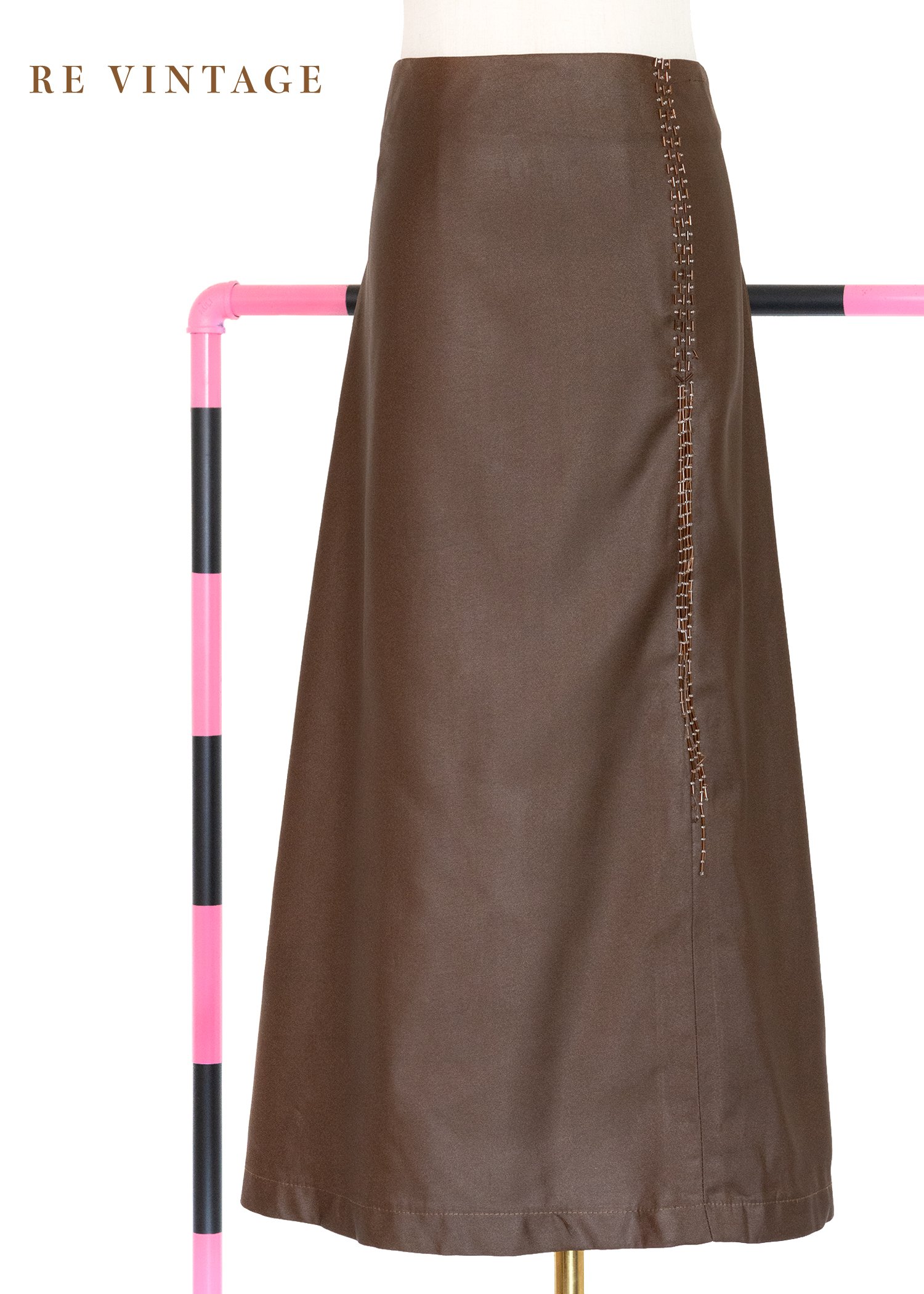 質感單品 - 深棕色金珠線條中長裙（27"）