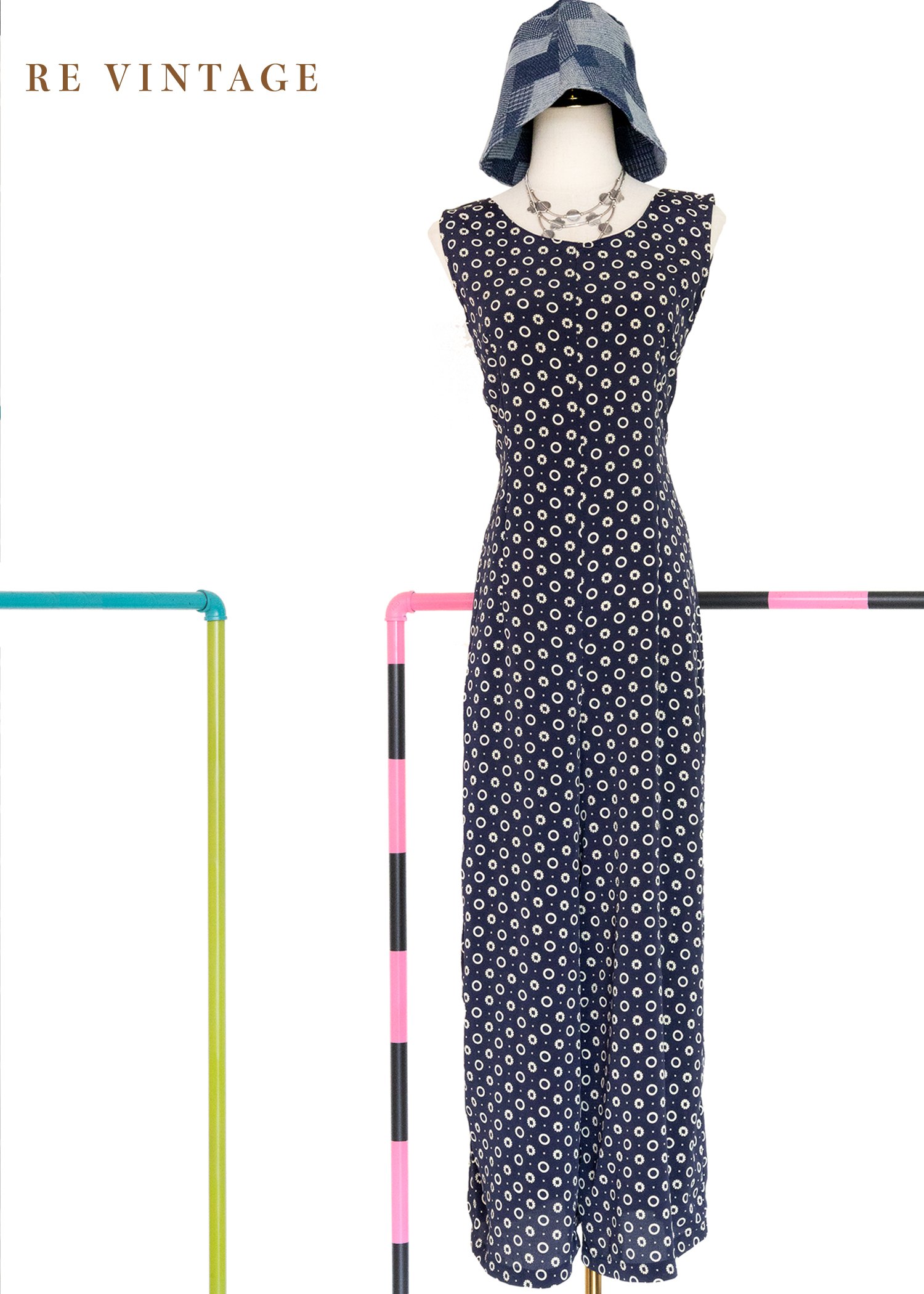 深藍圈圈連身褲