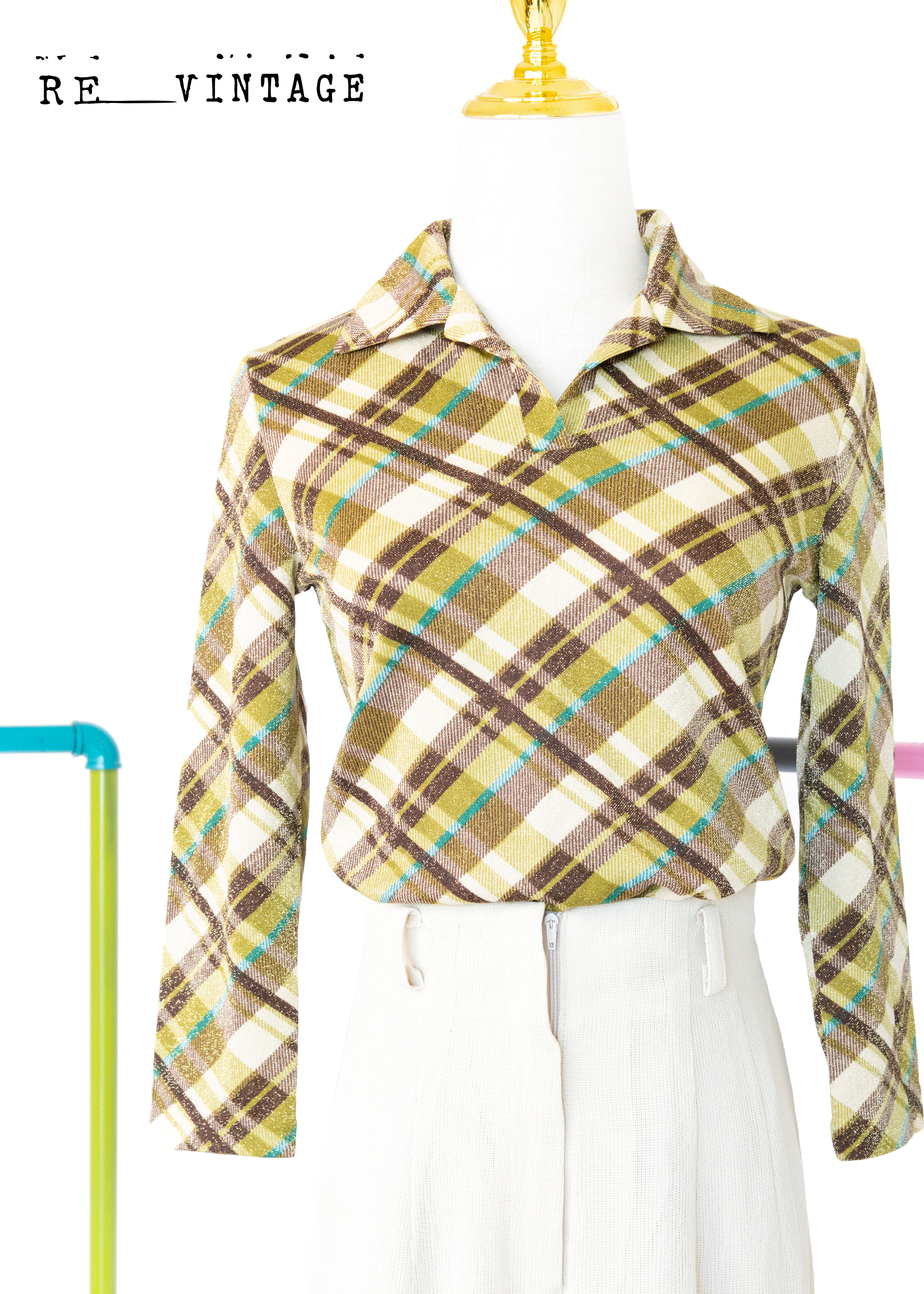 金光閃閃草綠棕菱格彈性上衣