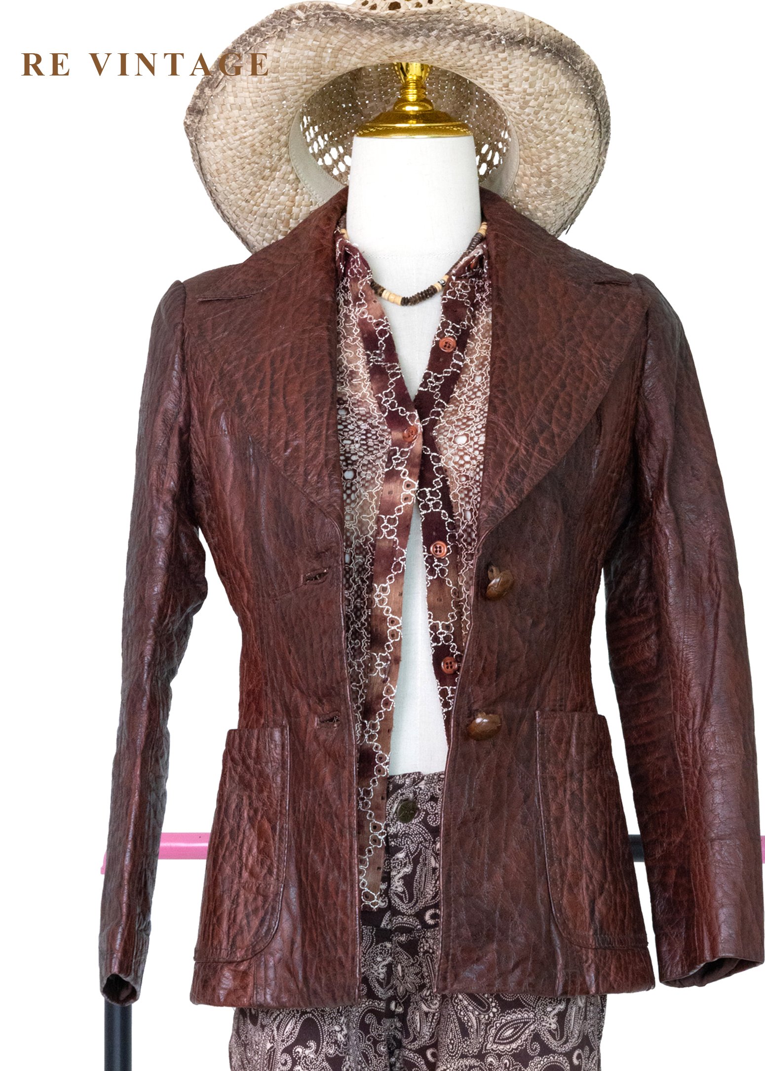 西部獵人 - 酒紅龜裂壓紋皮革外套