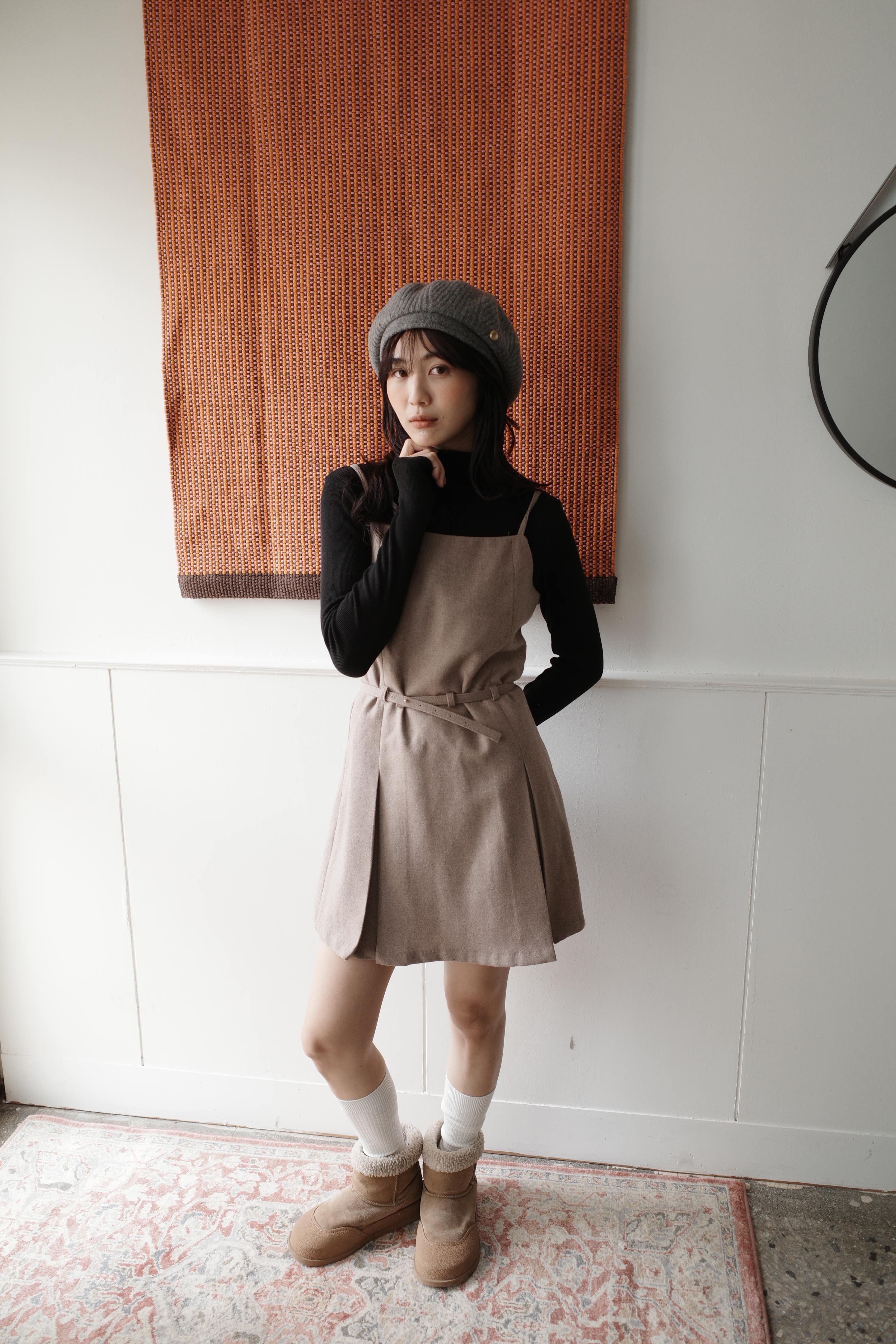 細肩帶磨毛附皮帶打摺短洋