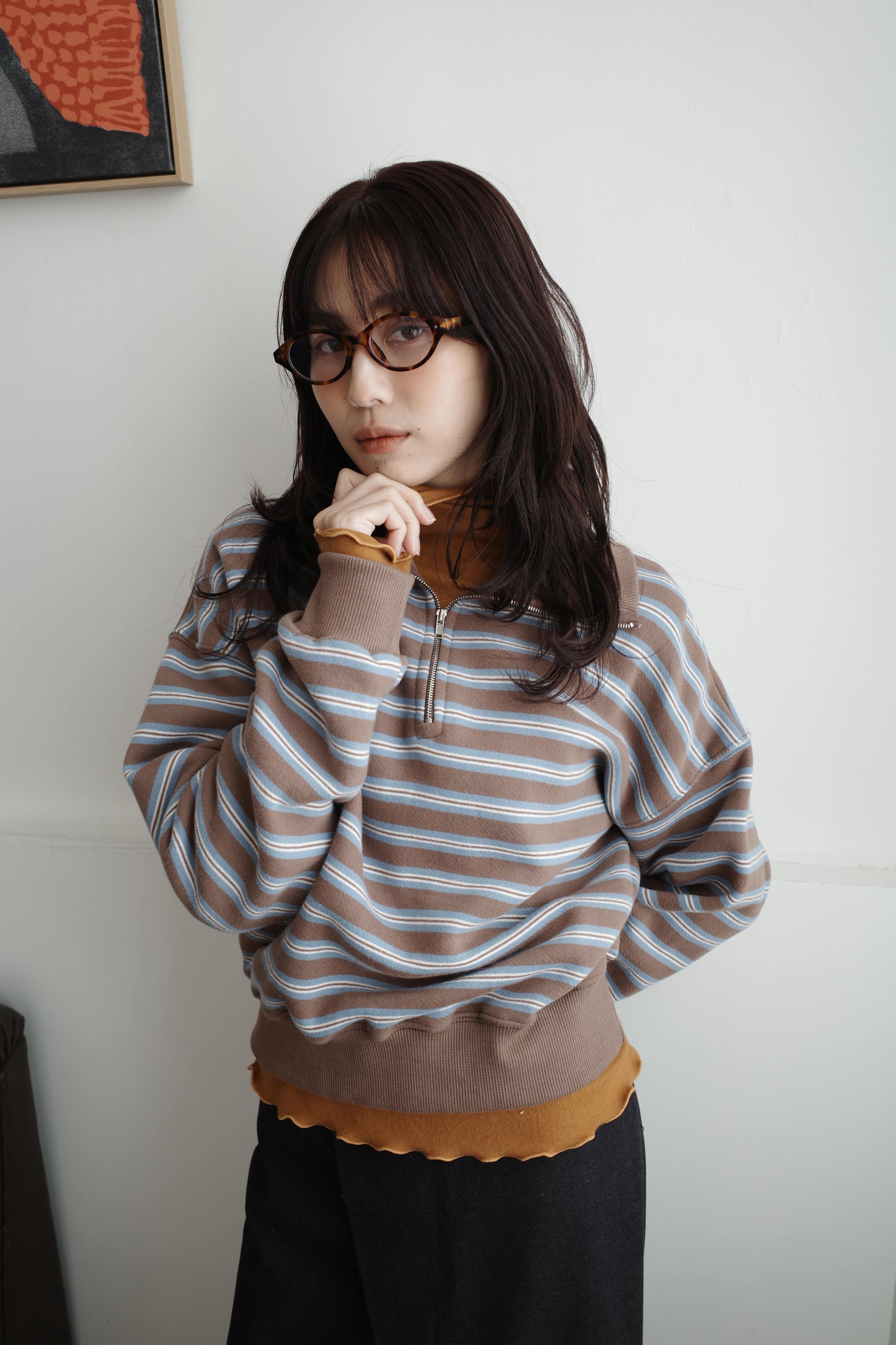 拉鍊POLO領內刷毛條紋撞色上衣