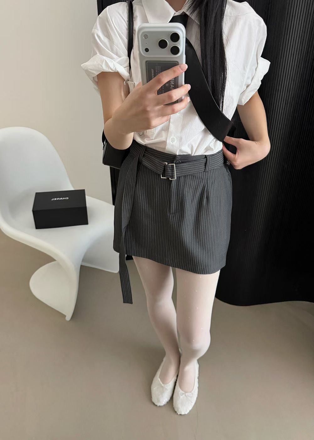 附綁帶直紋挺版短褲裙