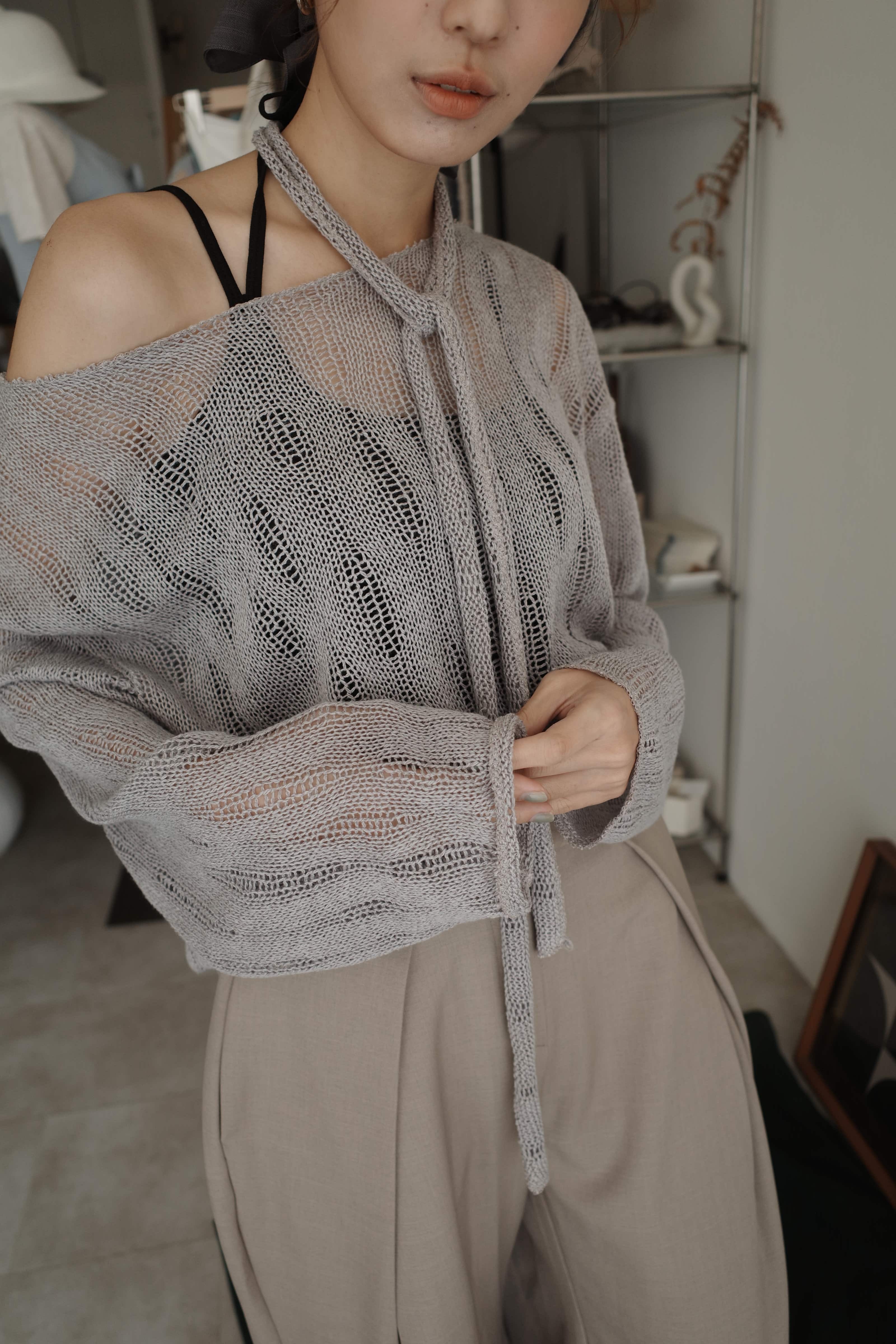 抓破織紋柔軟附綁帶薄長袖