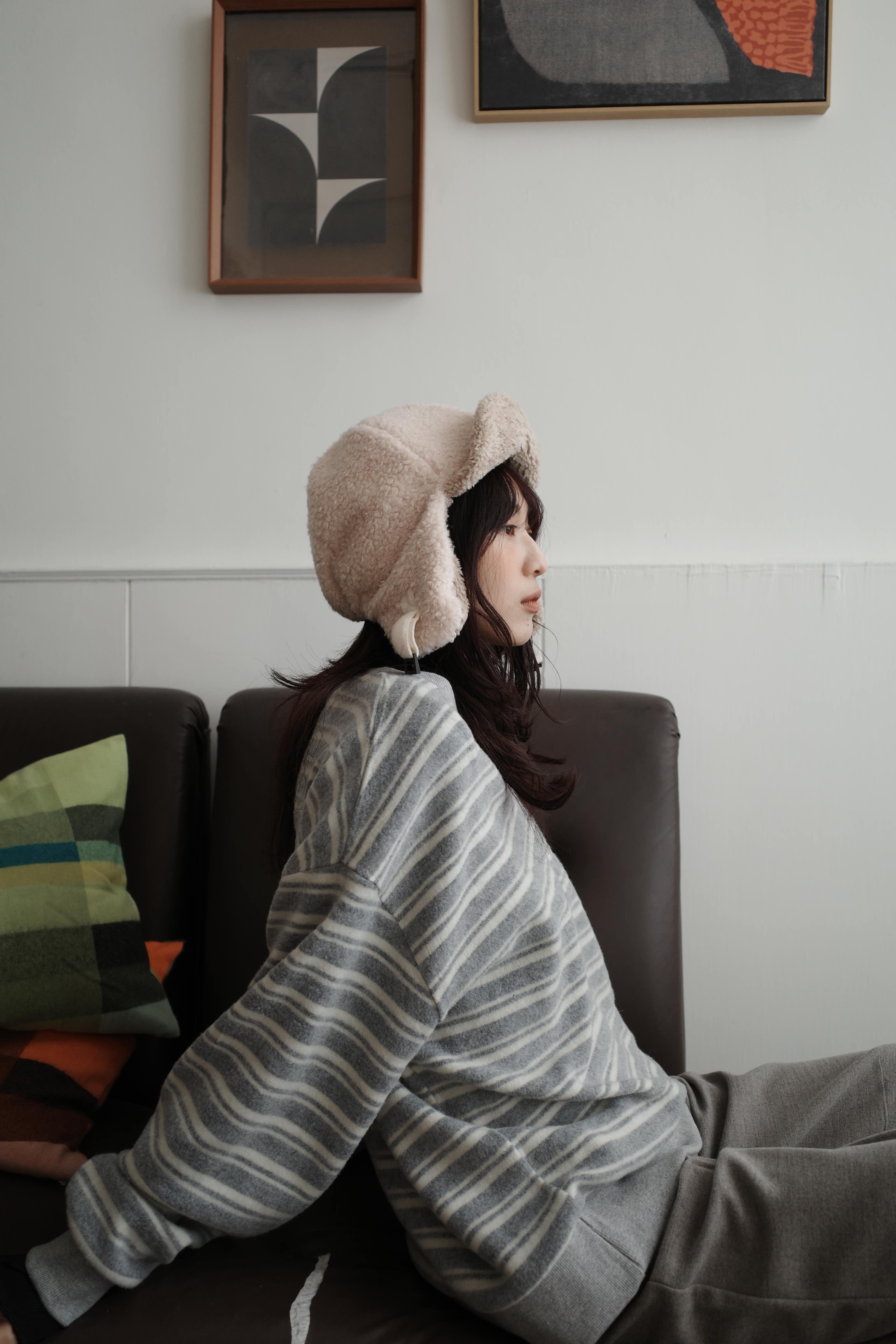 毛絨絨雙面戴色羔羊毛飛行帽