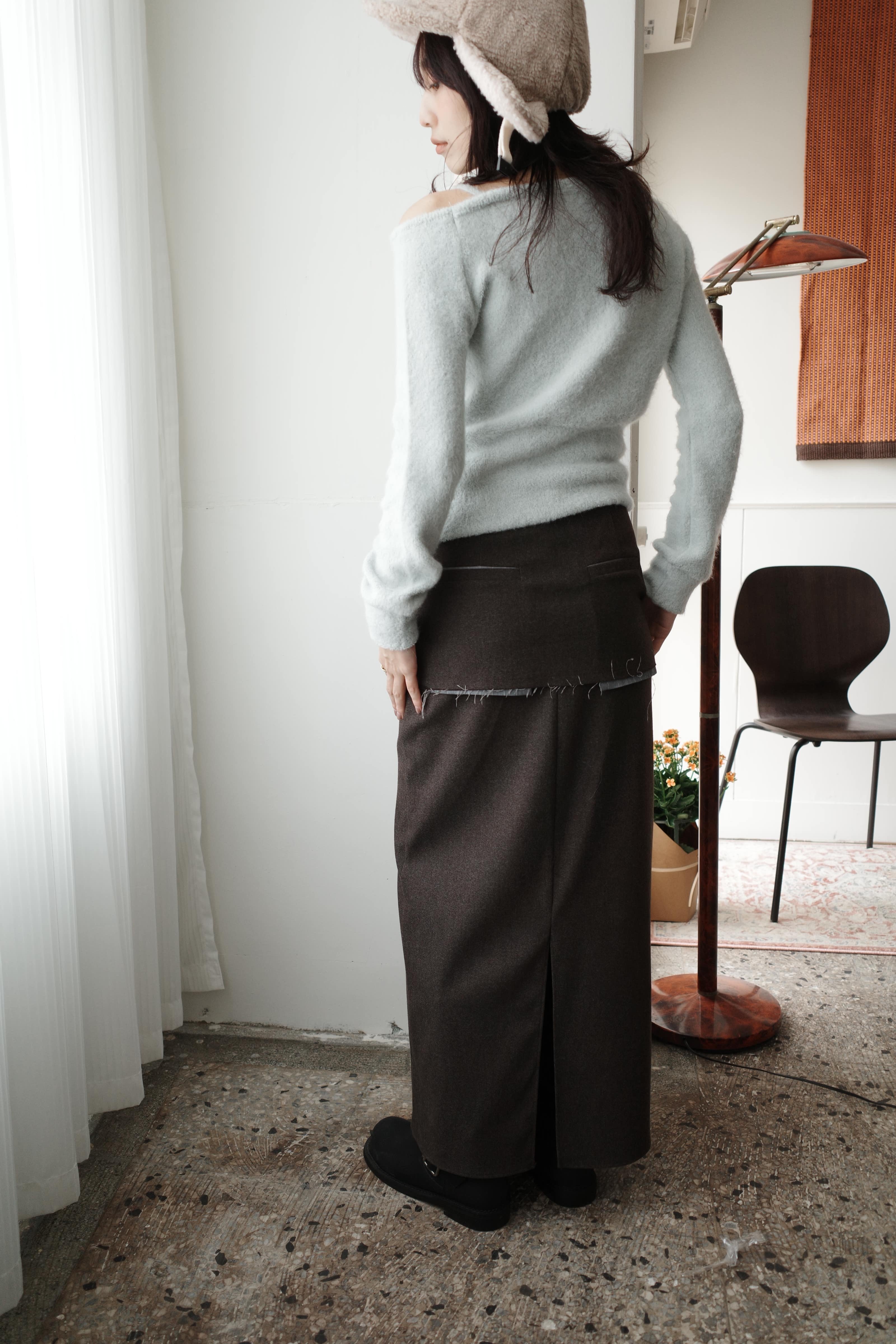 (設計師款）雙層開衩牛仔抽鬚長裙