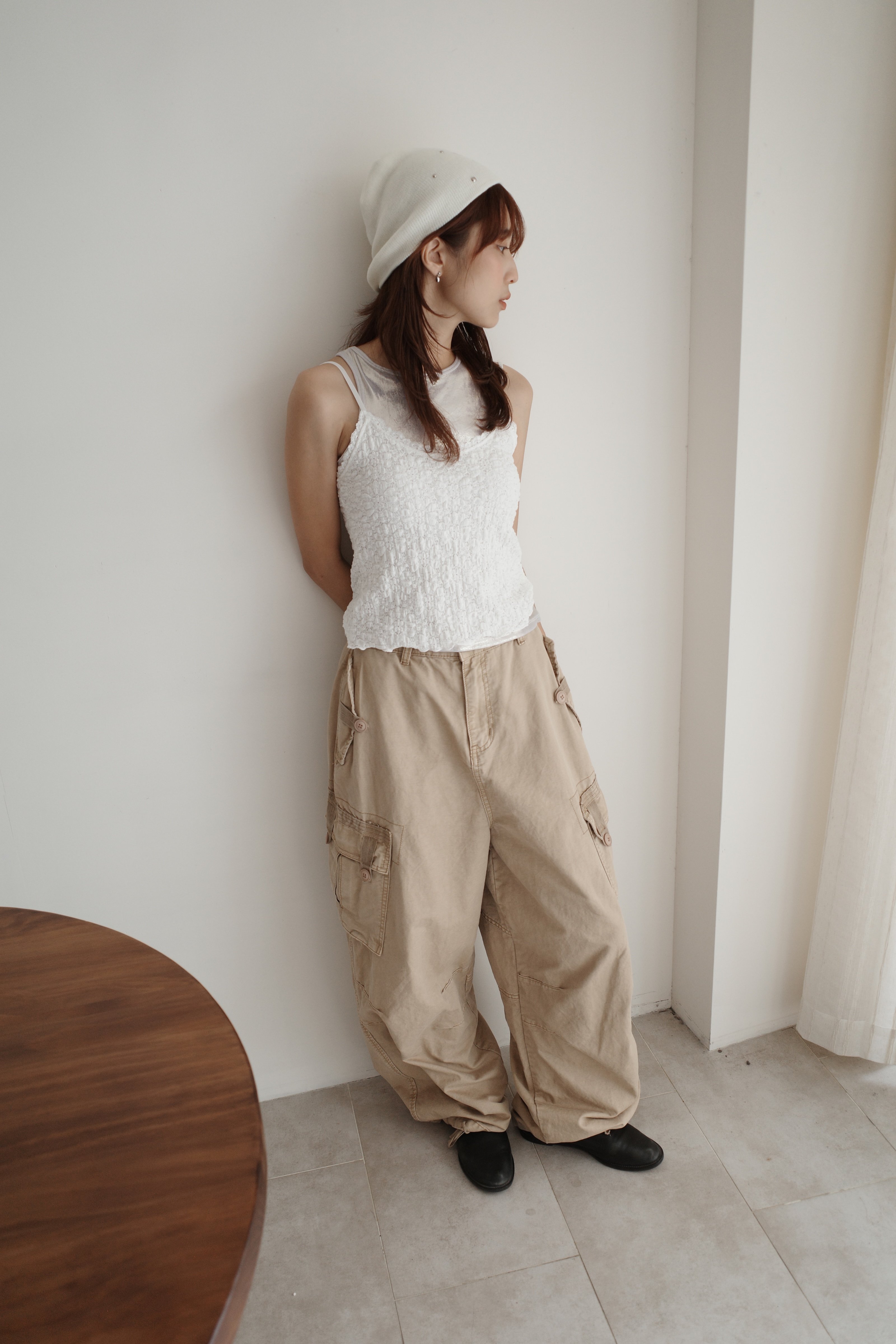 雙口袋彎刀下綁線工裝褲