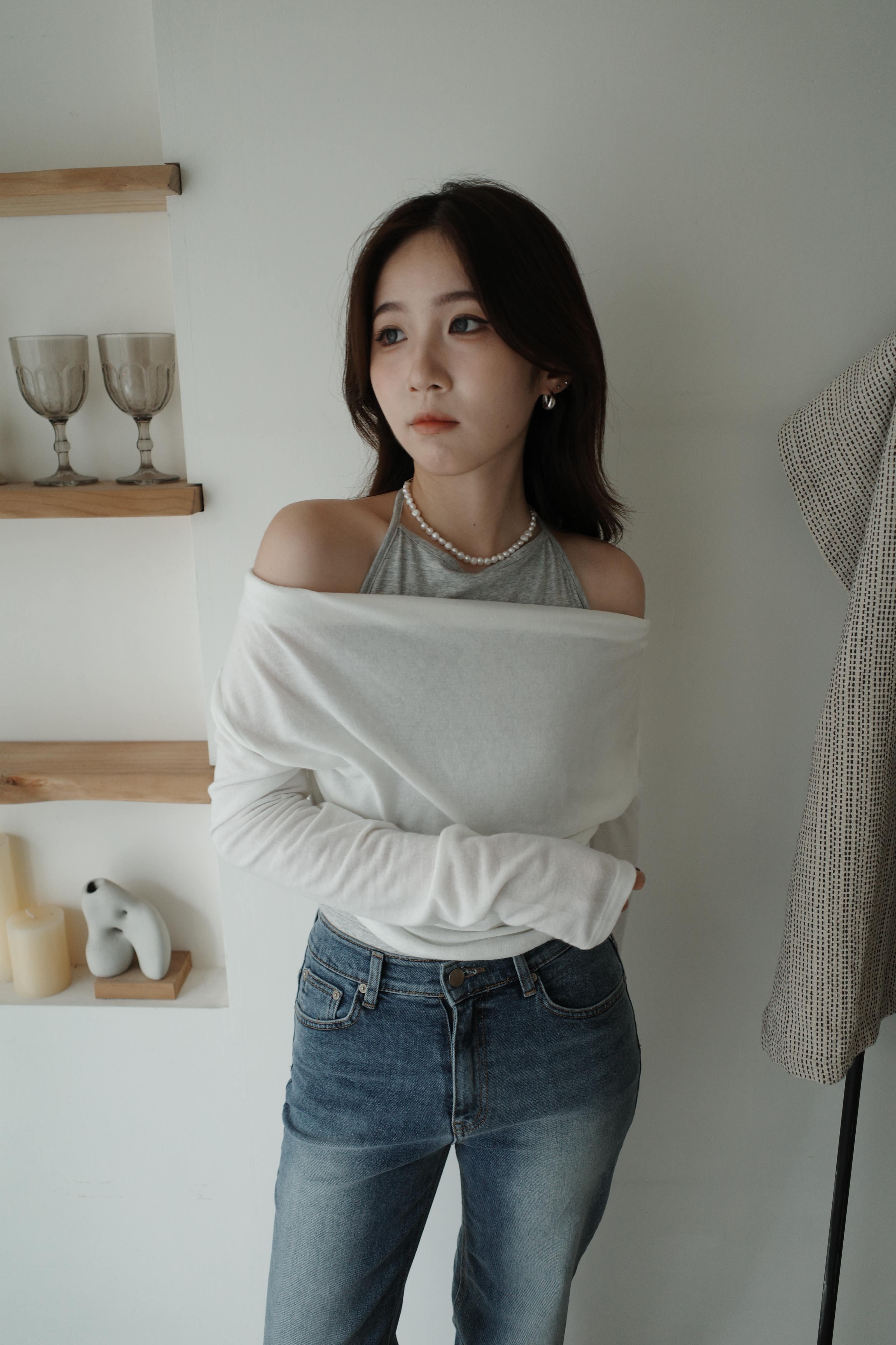 鬆鬆垂領假兩件繞脖上衣