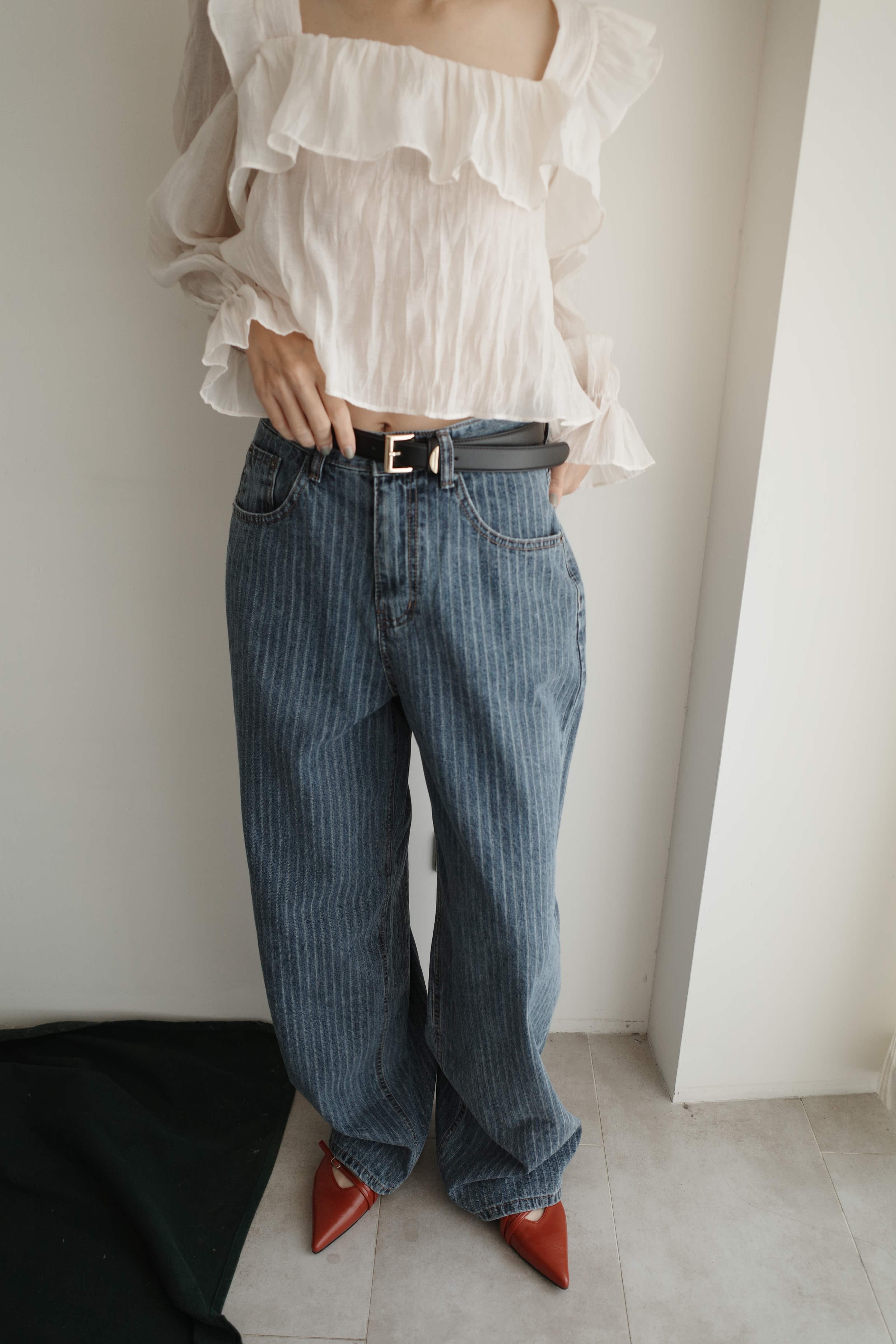 直紋經典寬直筒牛仔褲