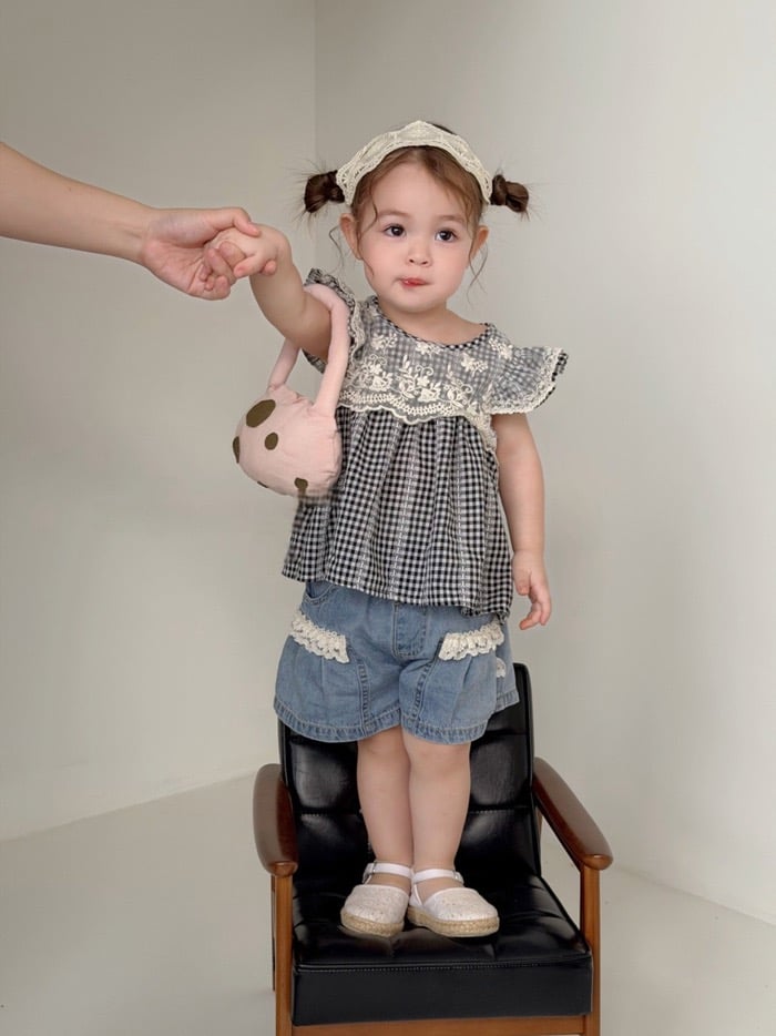 鑲邊蕾絲格紋上衣/皺褶口袋牛仔褲