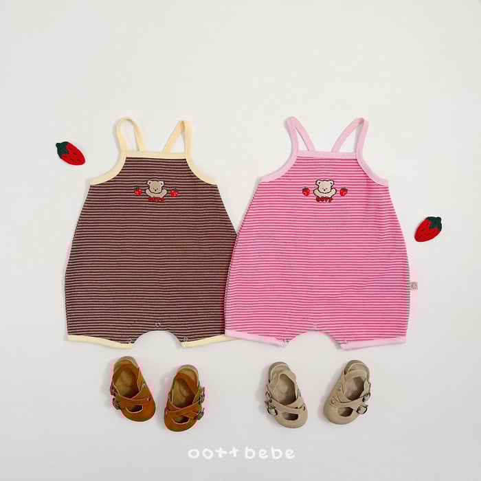熊熊草莓背心條紋連身衣
