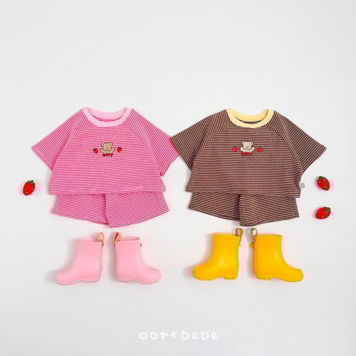 熊熊草莓條紋套裝