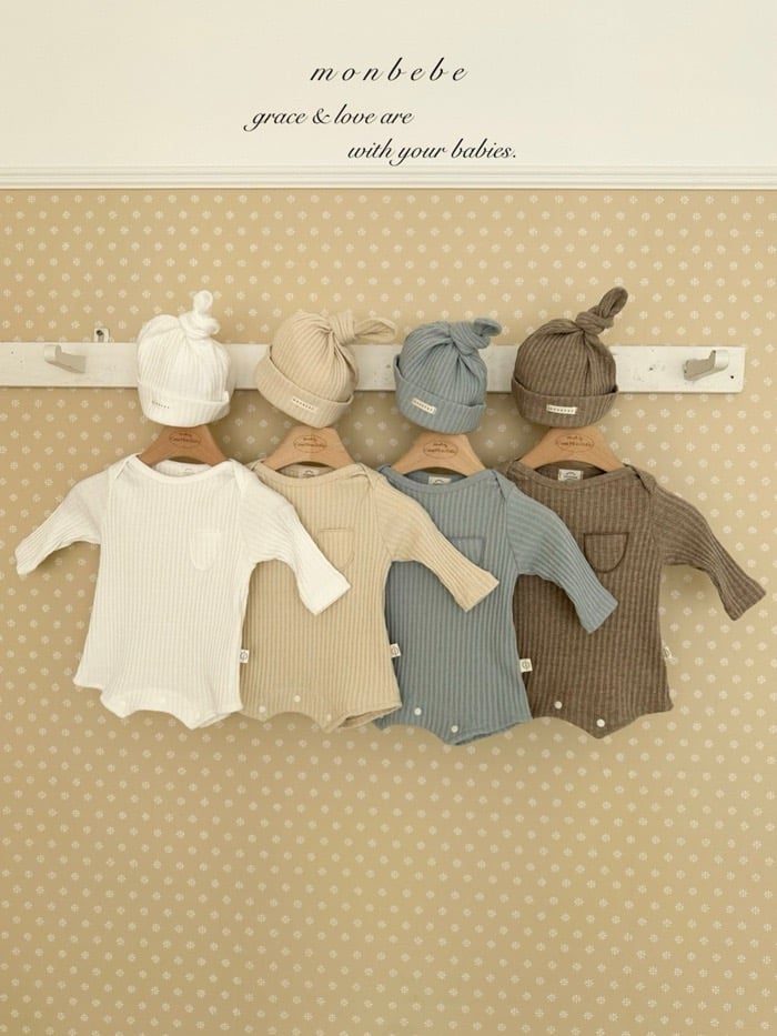 小口袋紋理包屁衣+寶寶帽set