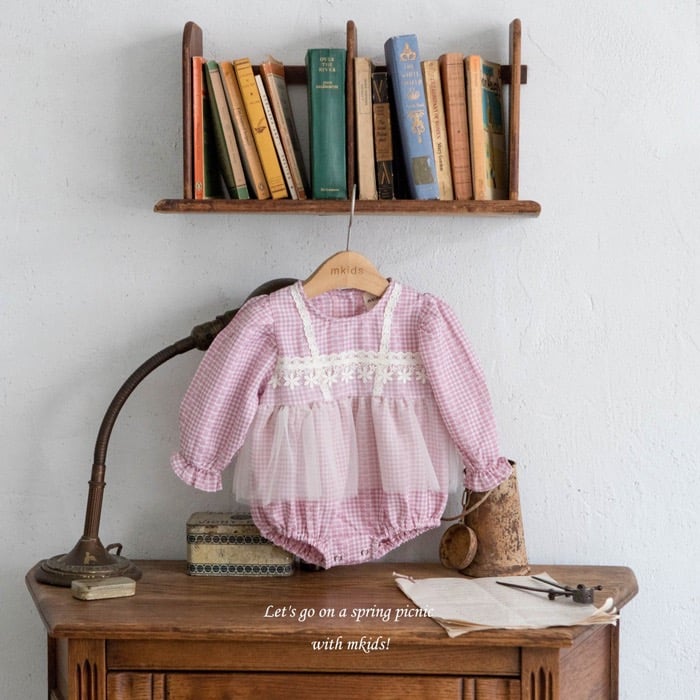 粉格紋小花蕾絲背心包屁裙