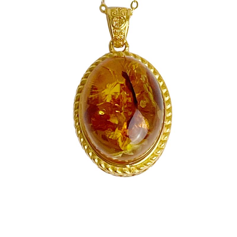 辟邪去災/招財納福-《蛋面黃金花珀琥珀項鍊》-3