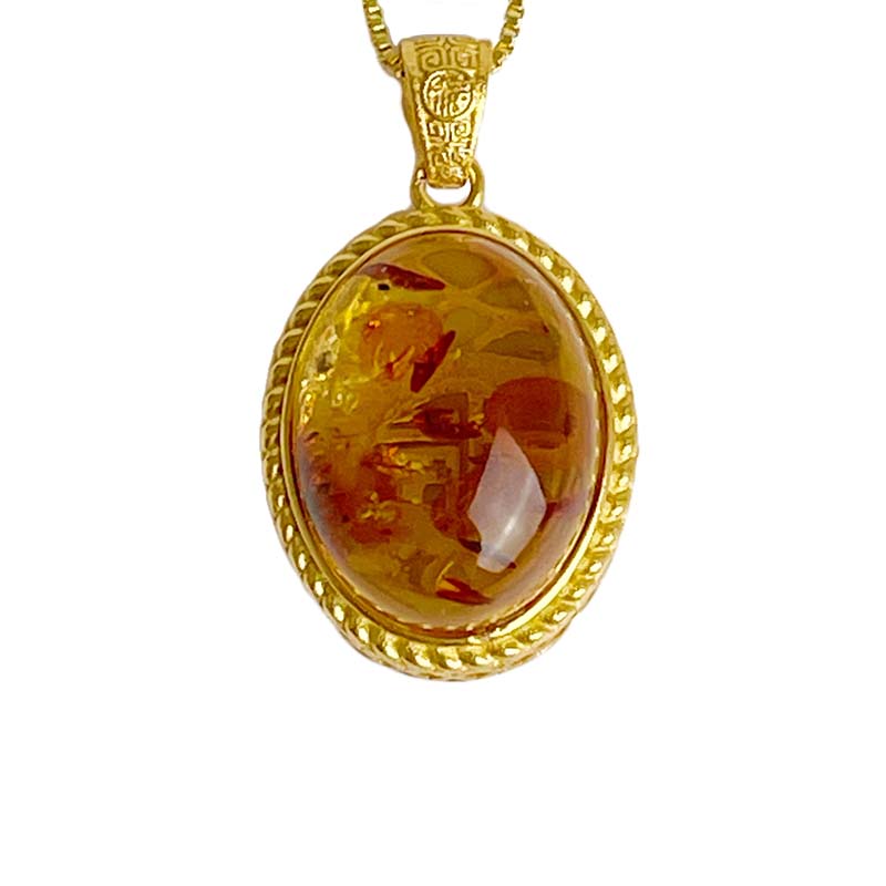 辟邪去災/招財納福-《蛋面黃金花珀琥珀項鍊》-5