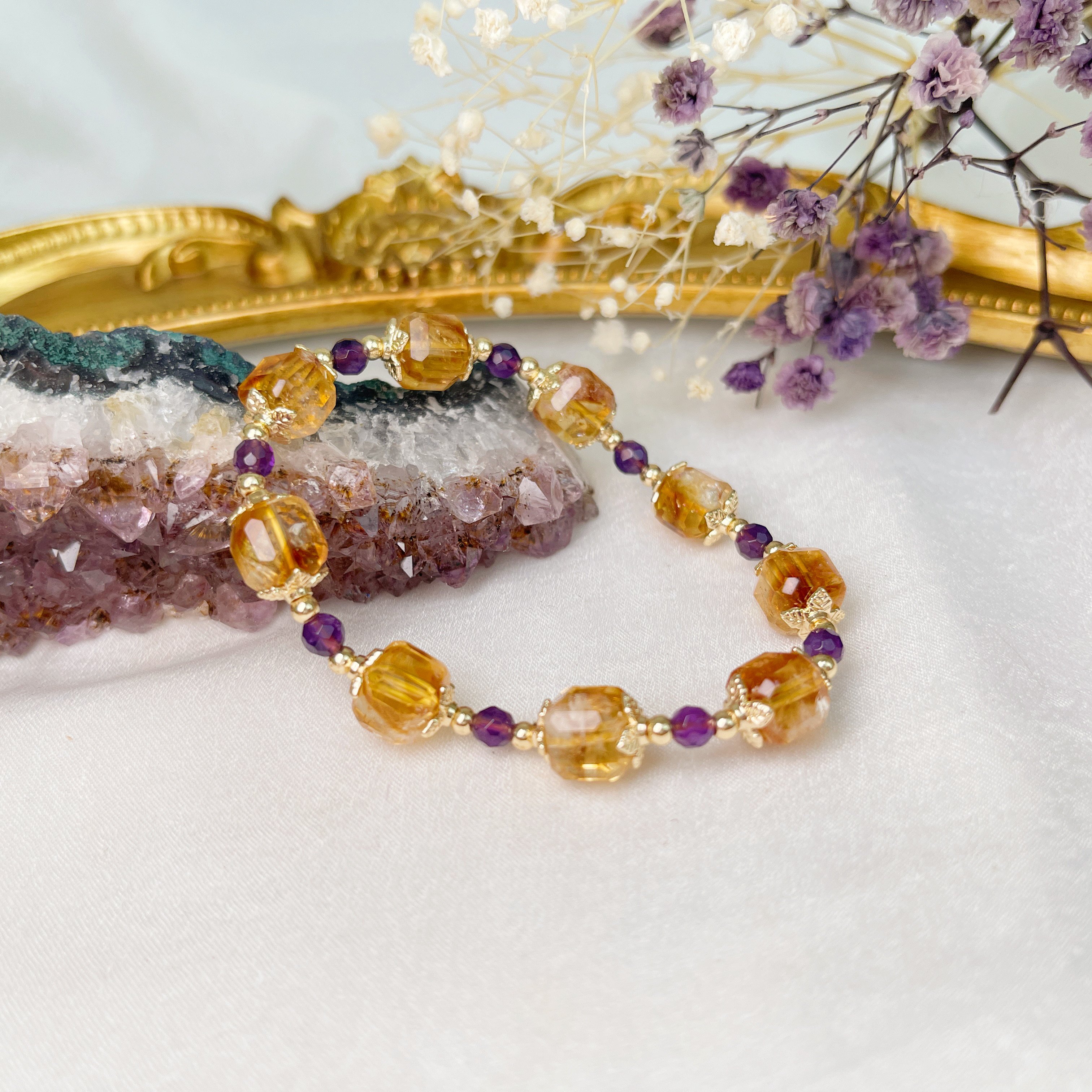 招四方財/財富貴人-《方塊黃水晶貴人紫晶手鍊》