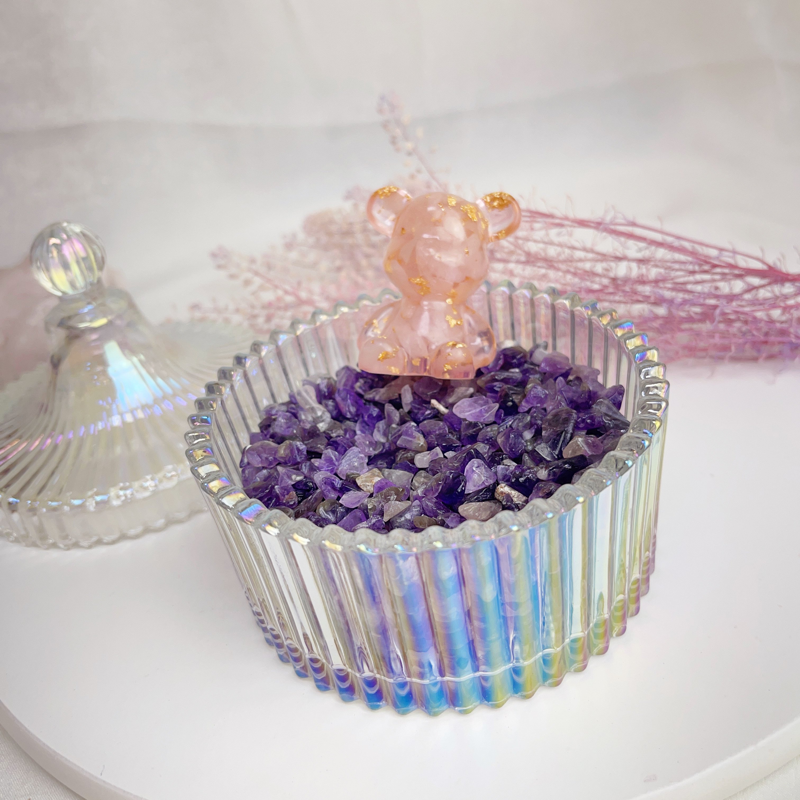 淨化消磁-《粉晶金箔小熊水晶淨化盒》