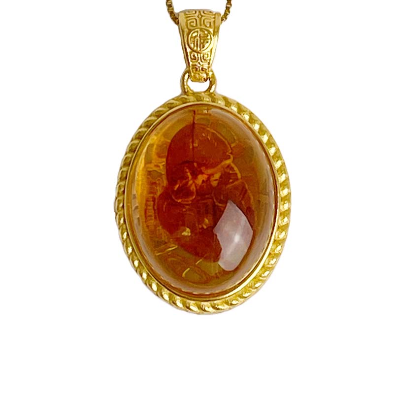 辟邪去災/招財納福-《蛋面黃金花珀琥珀項鍊》-6