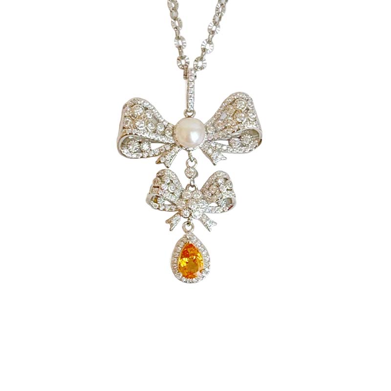 錳鋁榴石蝴蝶結珍珠項鍊