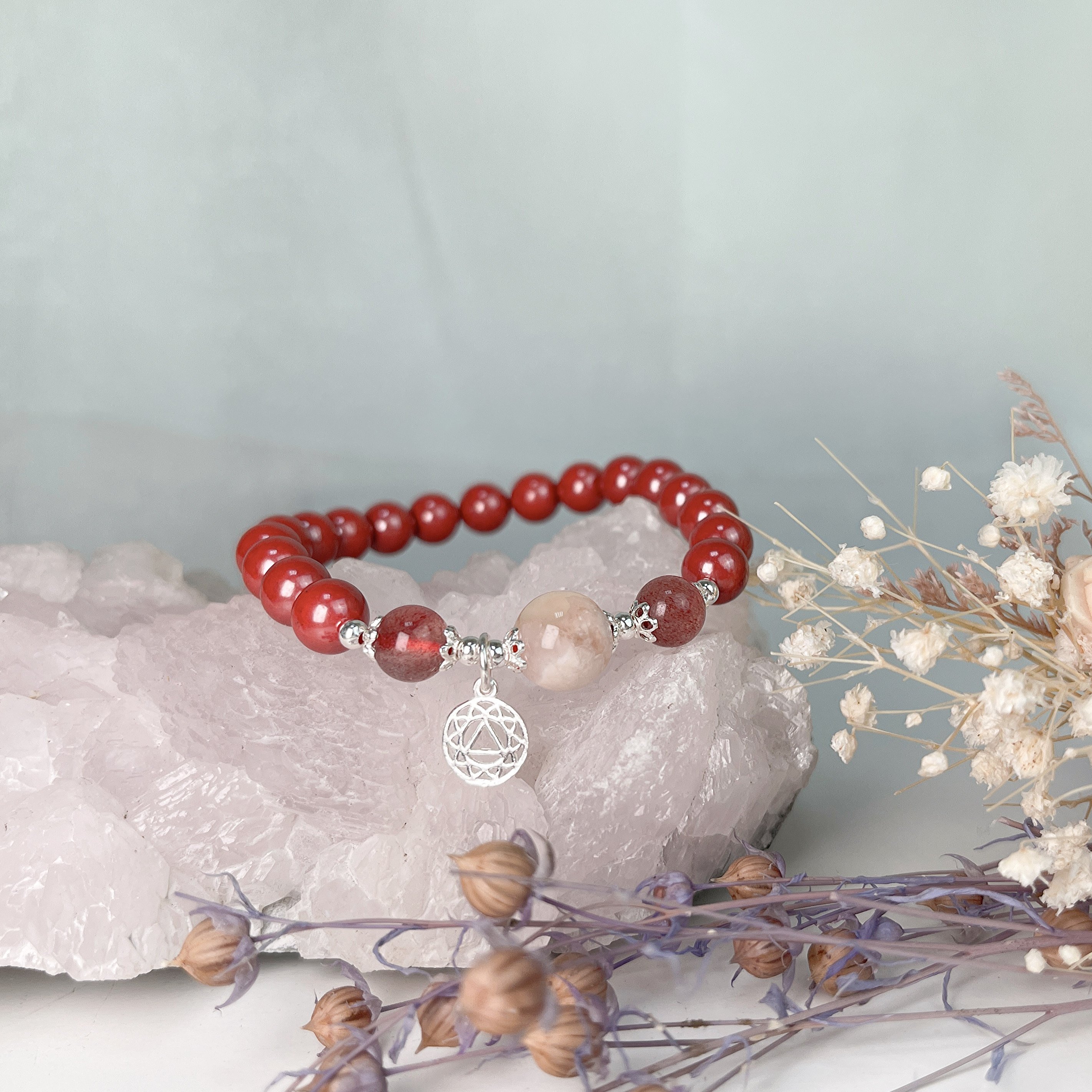 避邪擋煞 / 開運招財-《櫻花瑪瑙 草莓晶 帝王砂硃砂手鍊》