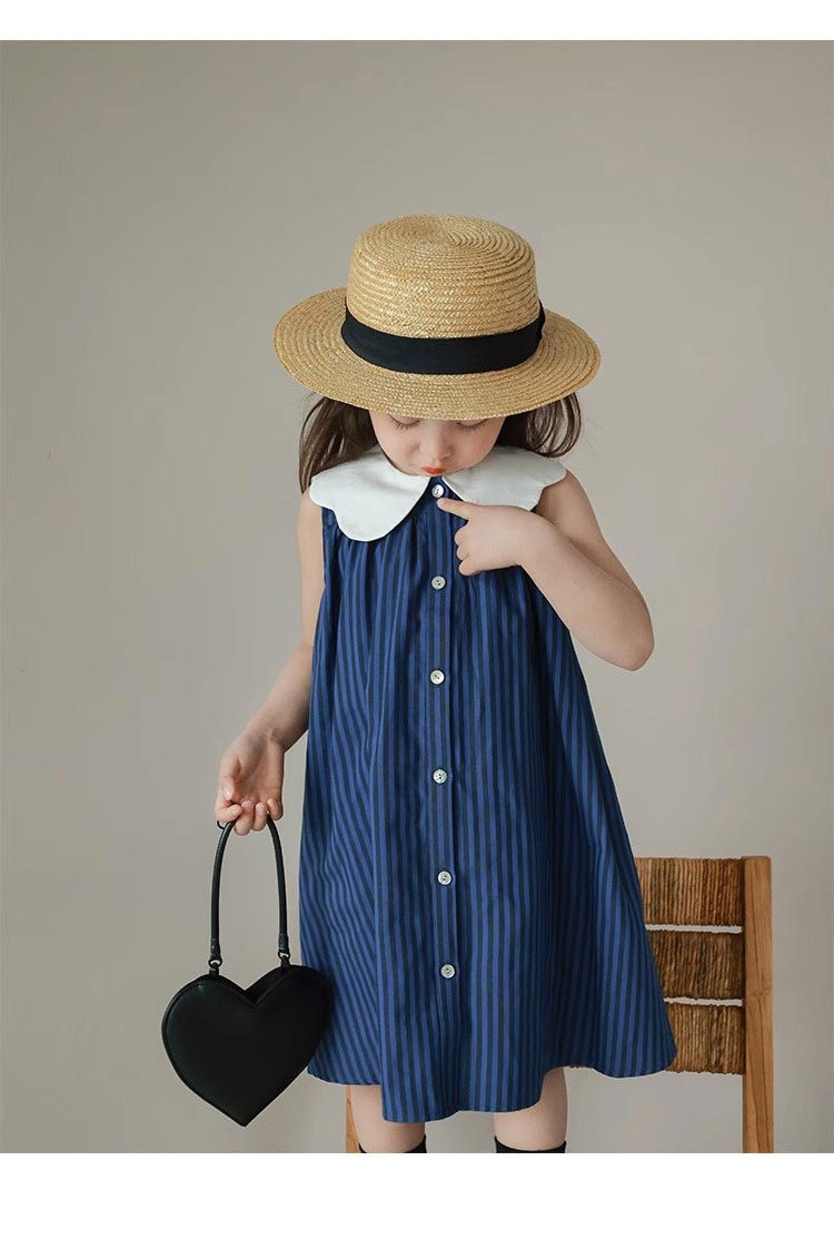 【優雅條紋娃娃領無袖連身裙】
