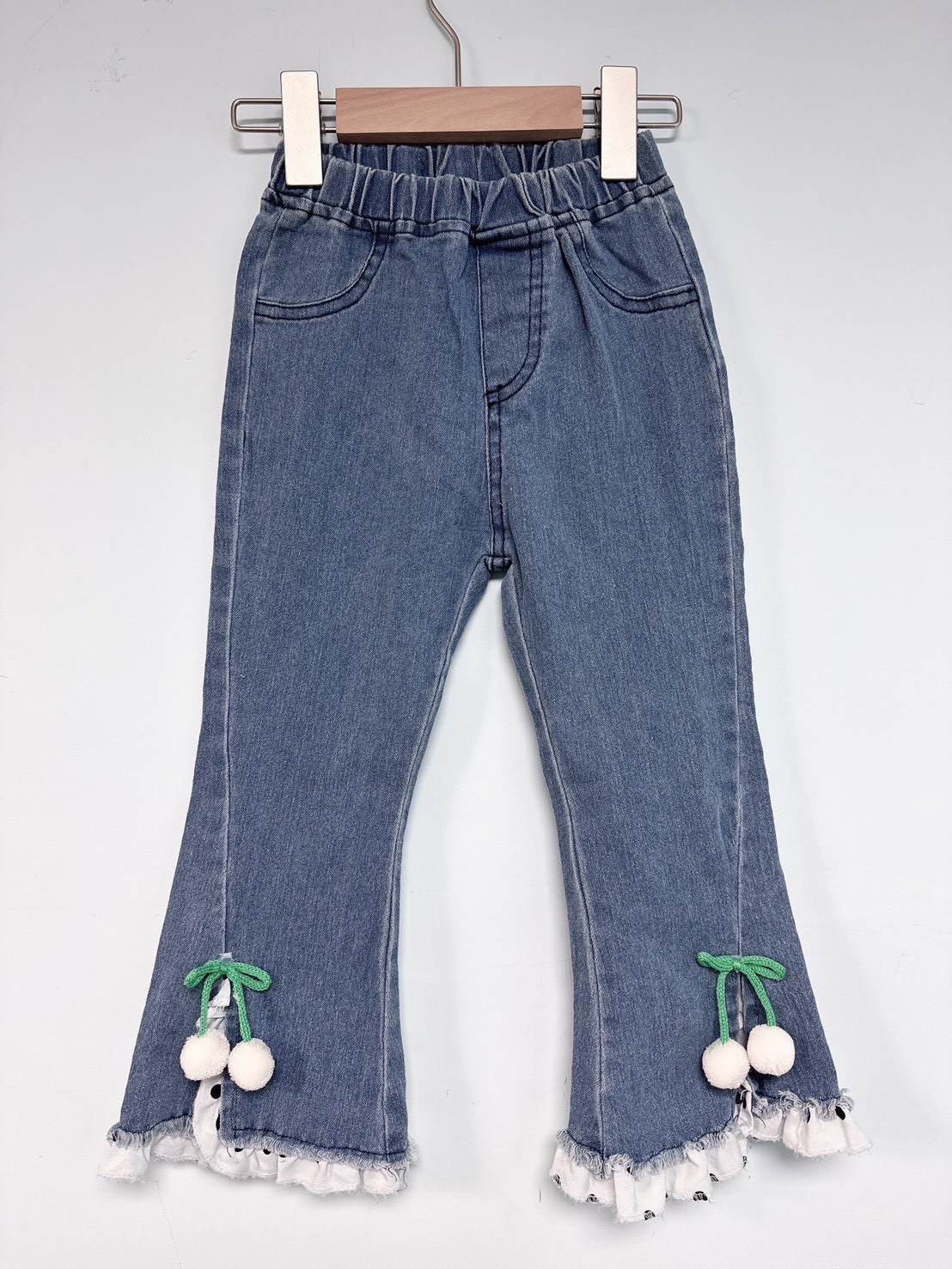 【Mini Cherry Lace Denim ◆韓系◆櫻桃喇叭褲】