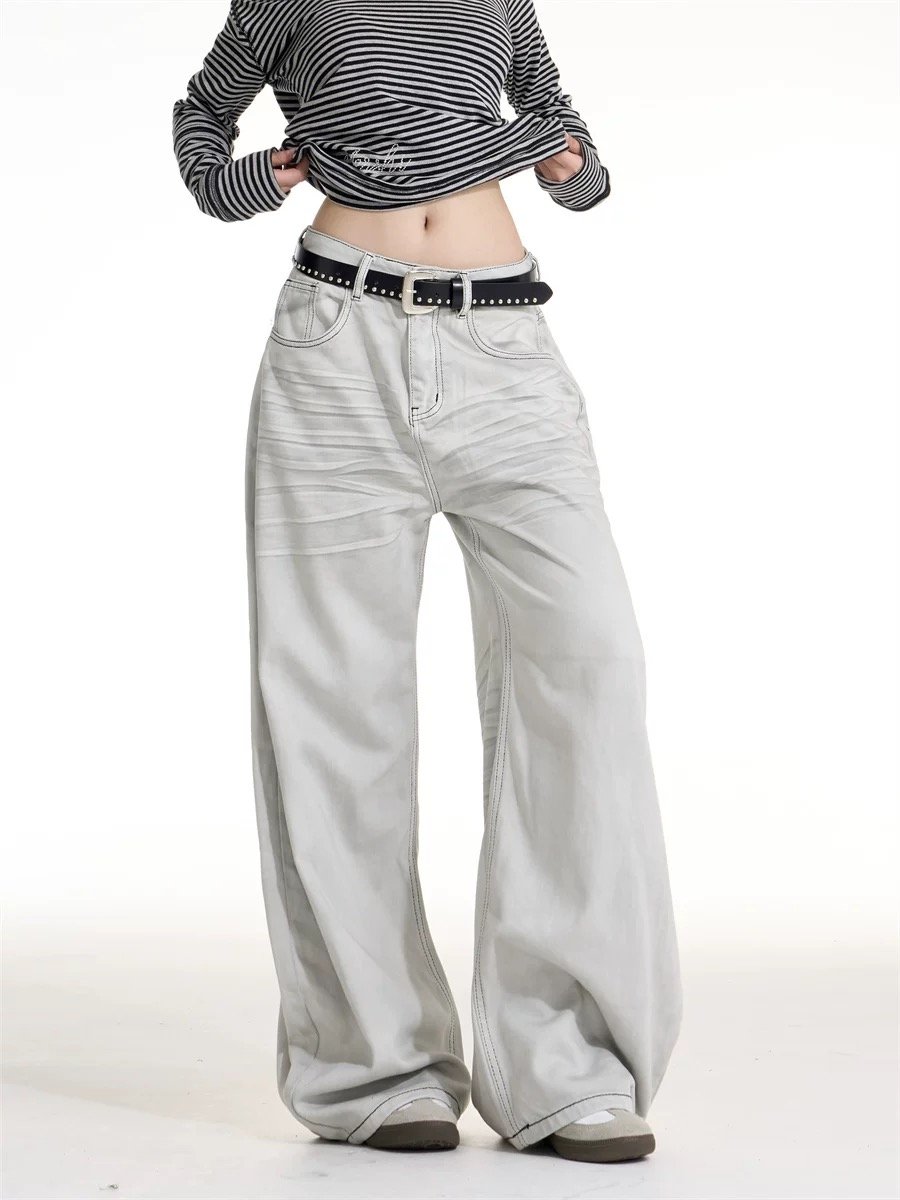 車線做舊水洗牛仔彎刀褲