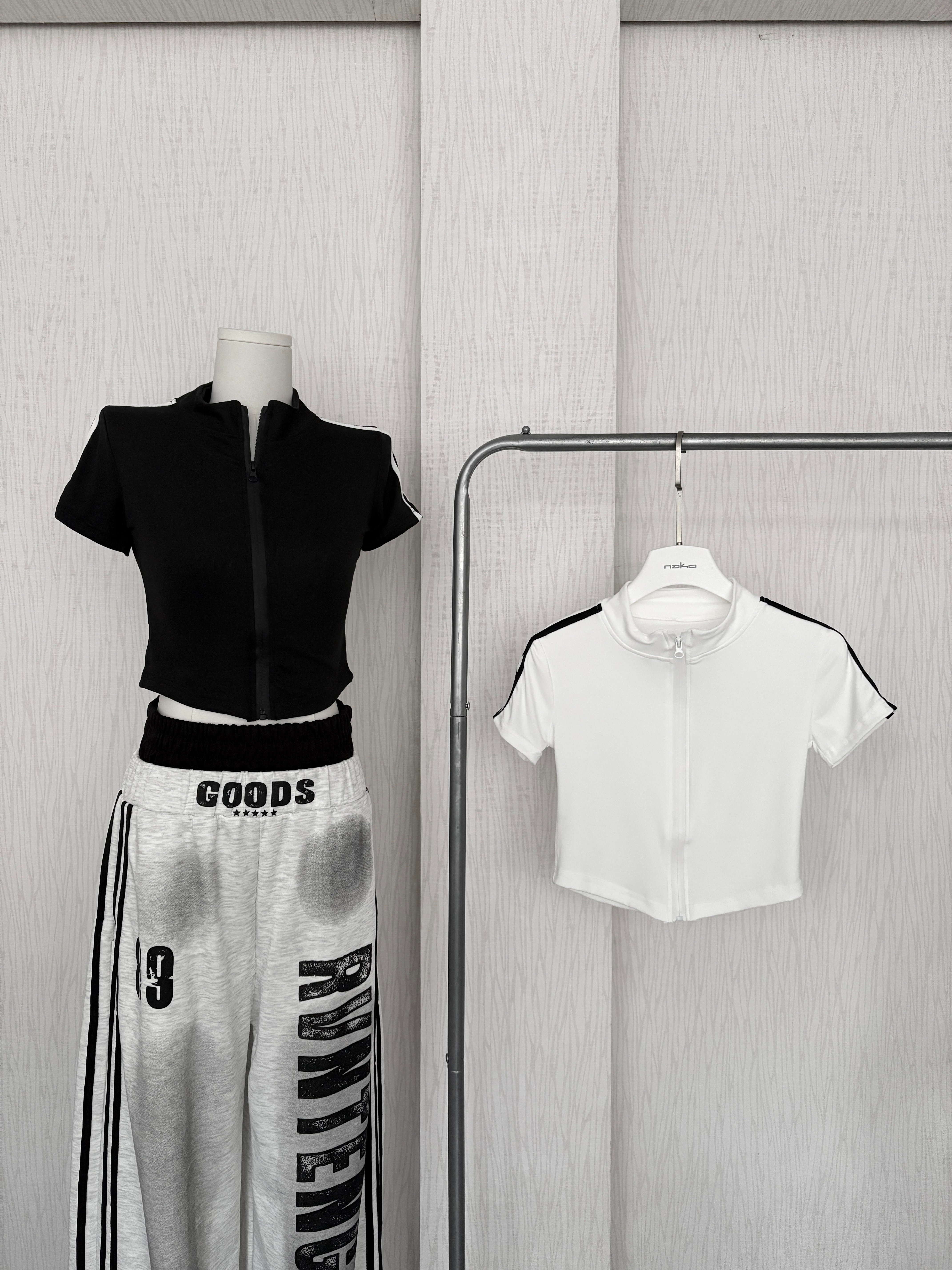 立領雙拼線下U短袖貼身拉鏈外套