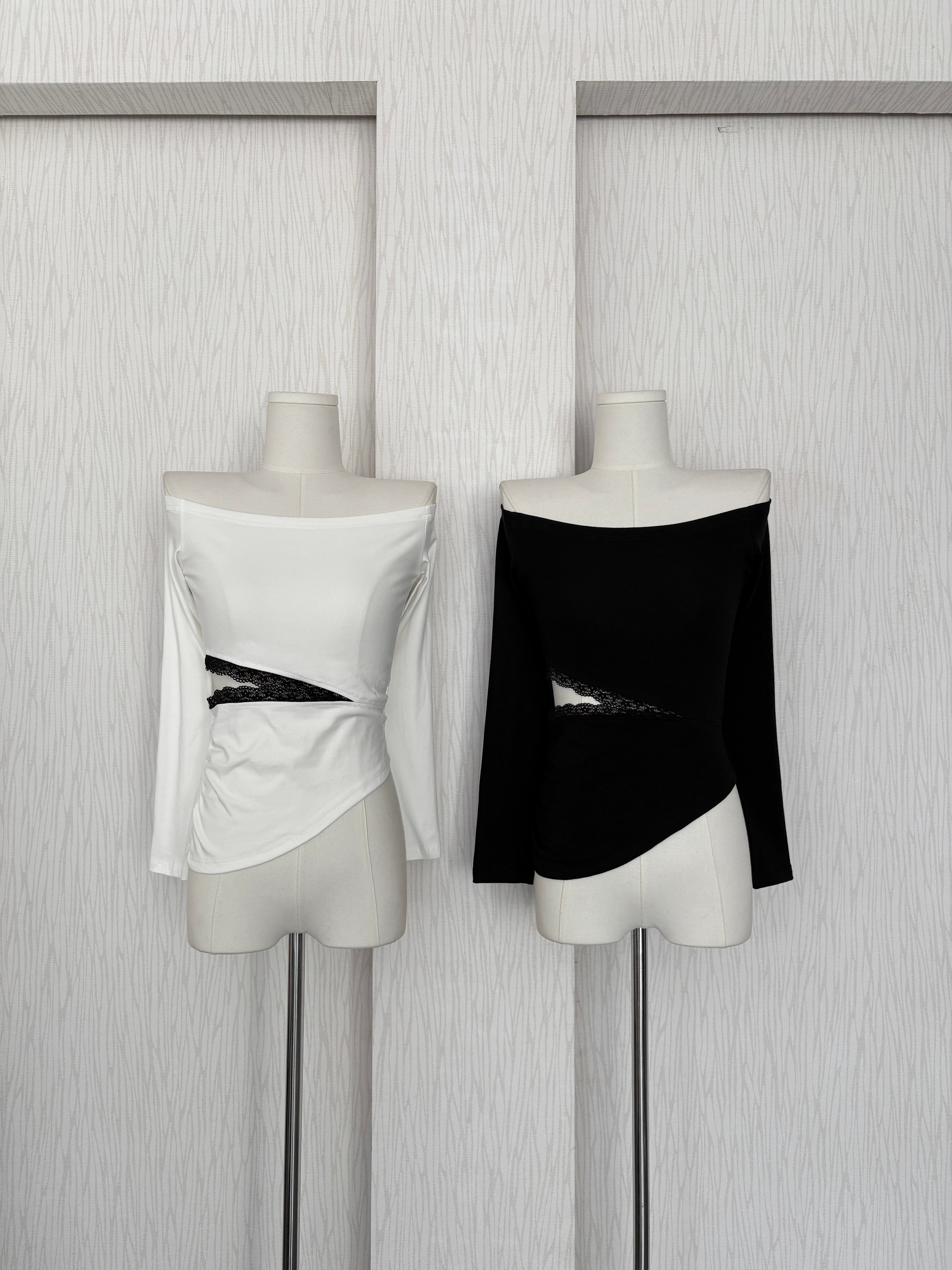 蕾絲腰開衩網紗一字領兩面穿棉質上衣