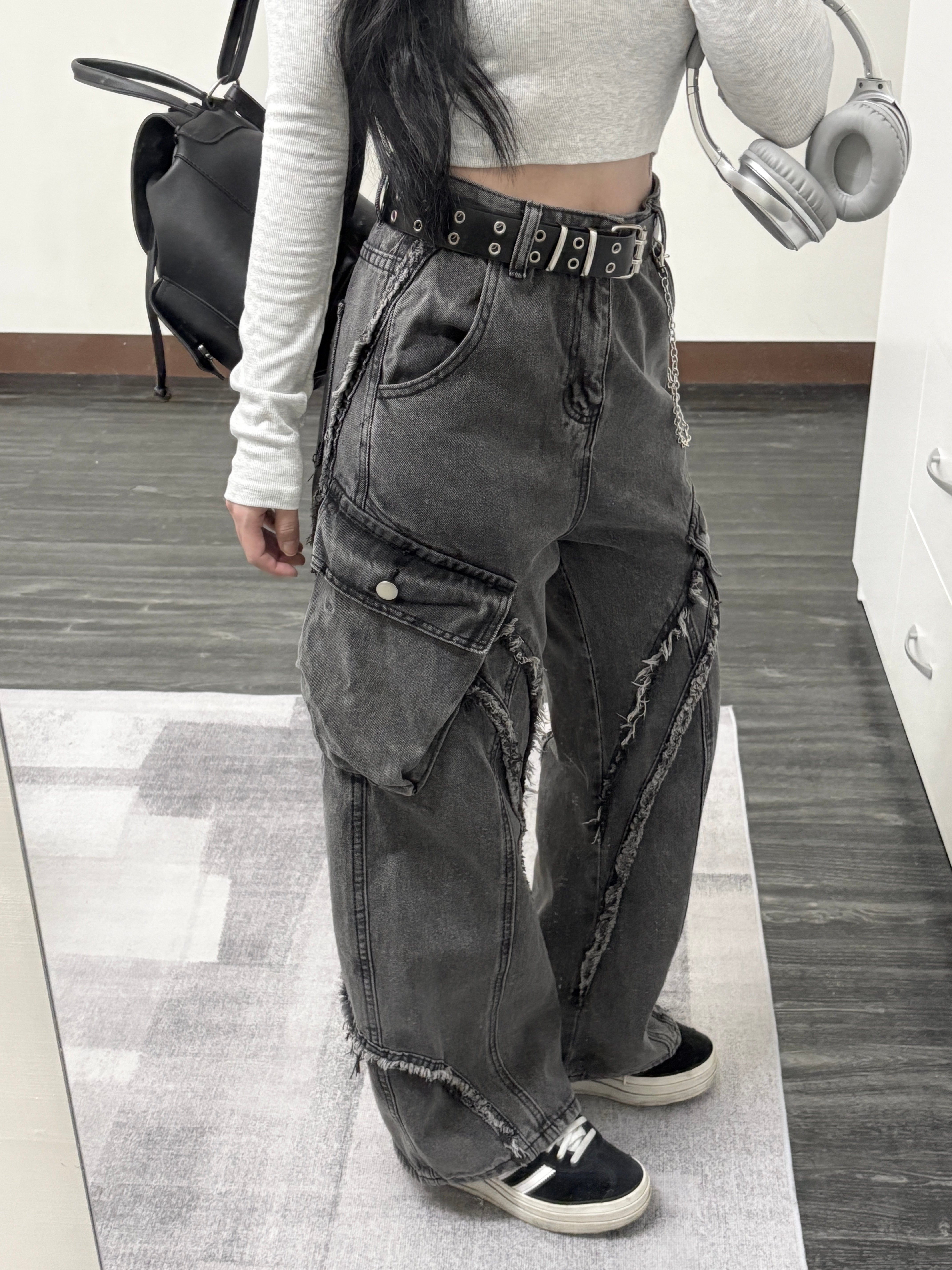 ［男款］街頭風斜毛邊工裝口袋高腰牛仔寬褲