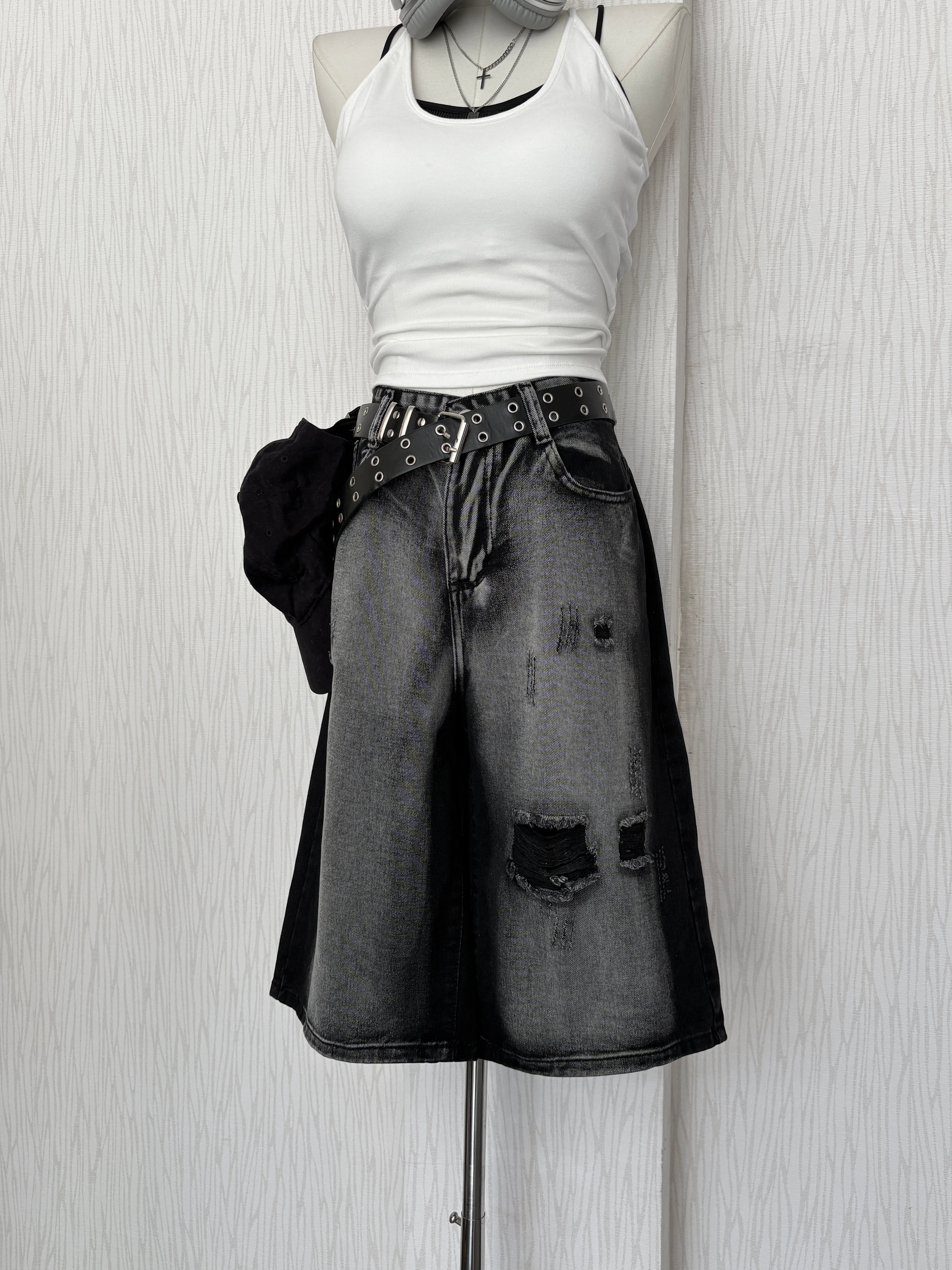 黑暗系街頭風刷破水洗黑牛仔七分褲