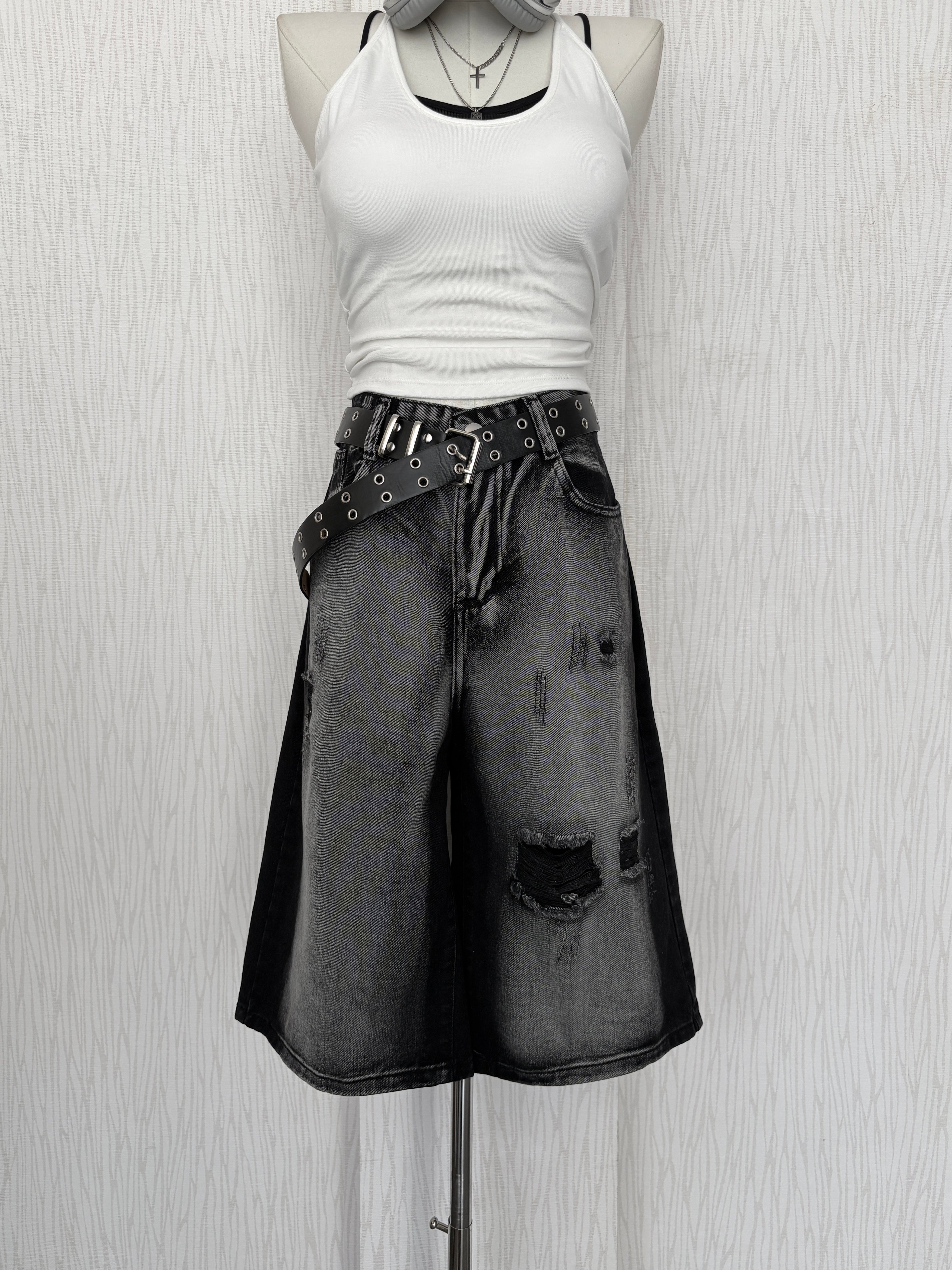 黑暗系街頭風刷破水洗黑牛仔七分褲