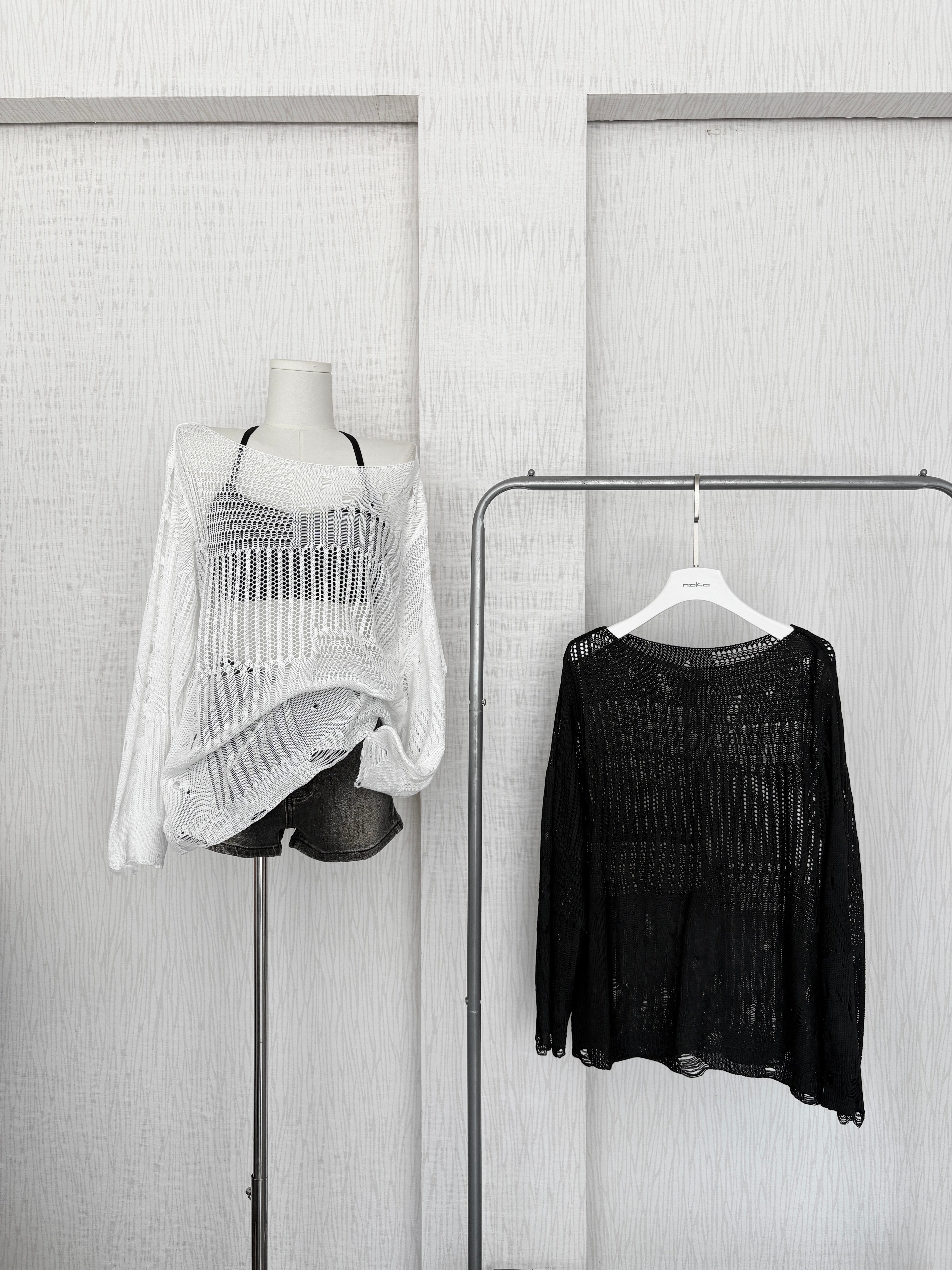 廢土風破舊感針織寬領口寬鬆罩衫