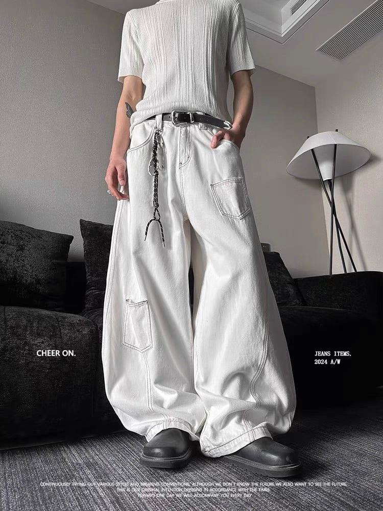 焦糖車線口袋白色牛仔彎刀褲