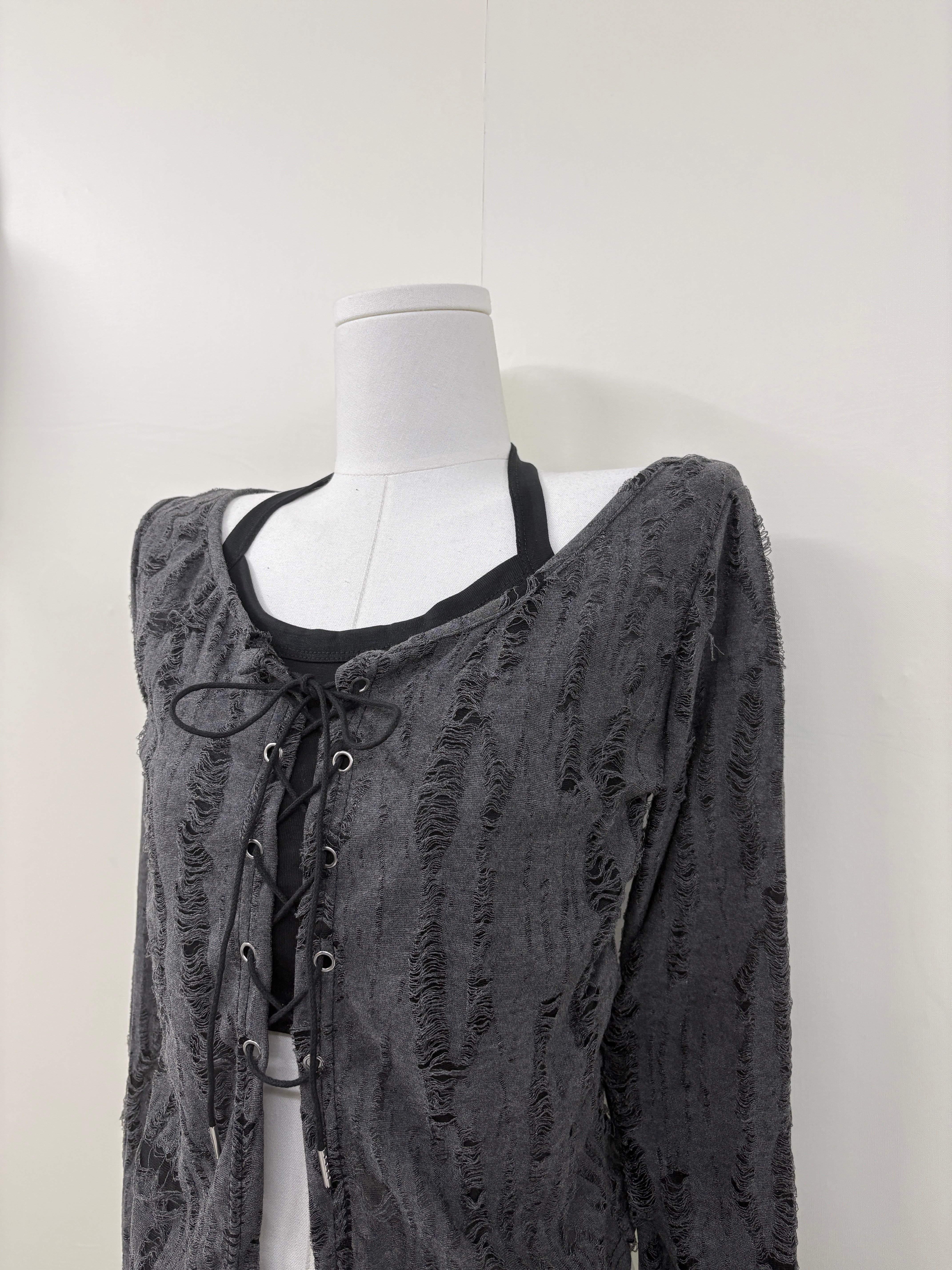 廢土風刷破掛脖假兩件上衣