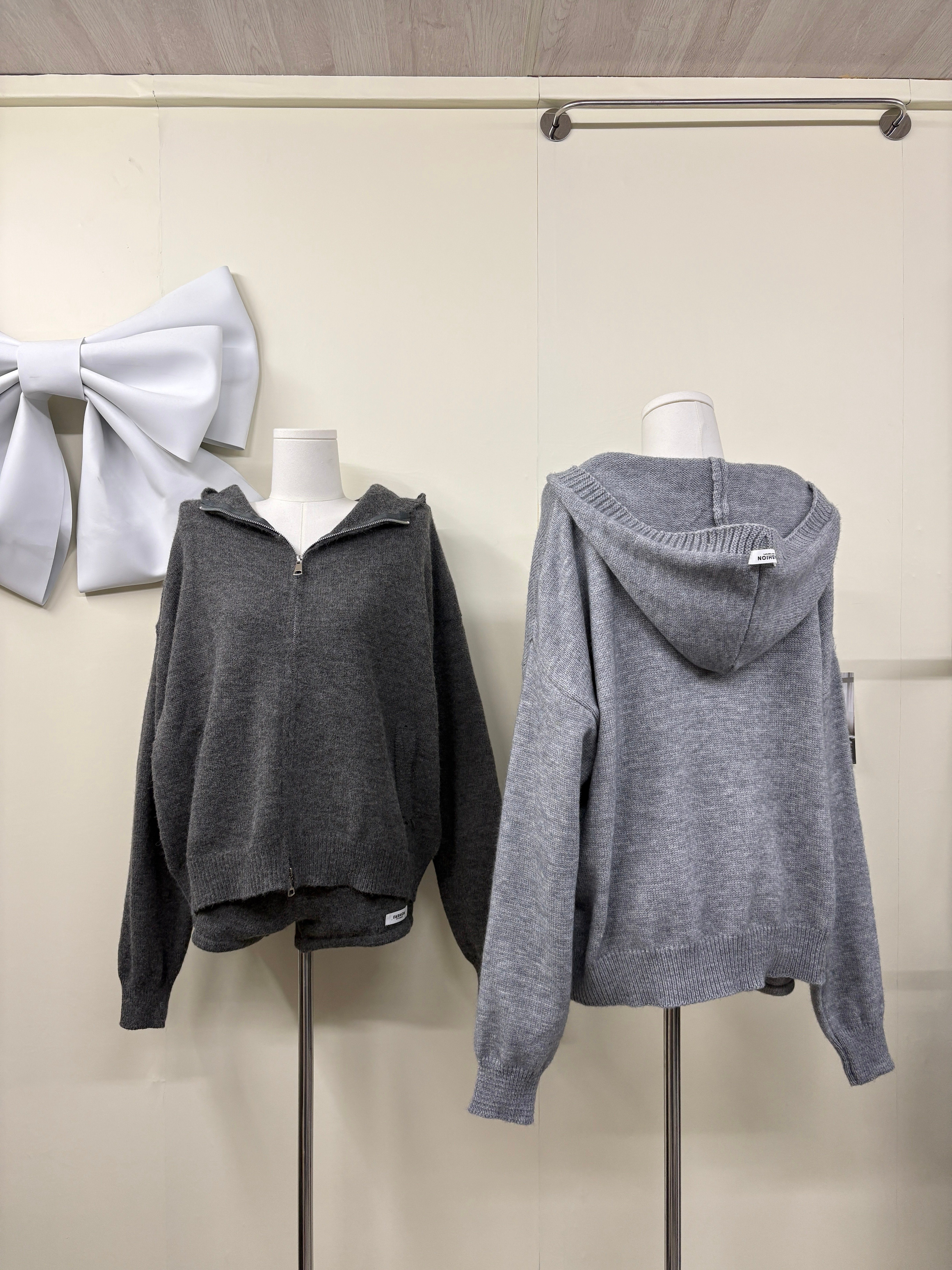 【換季特賣】歐美休閒布標連帽針織拉鍊外套短褲set