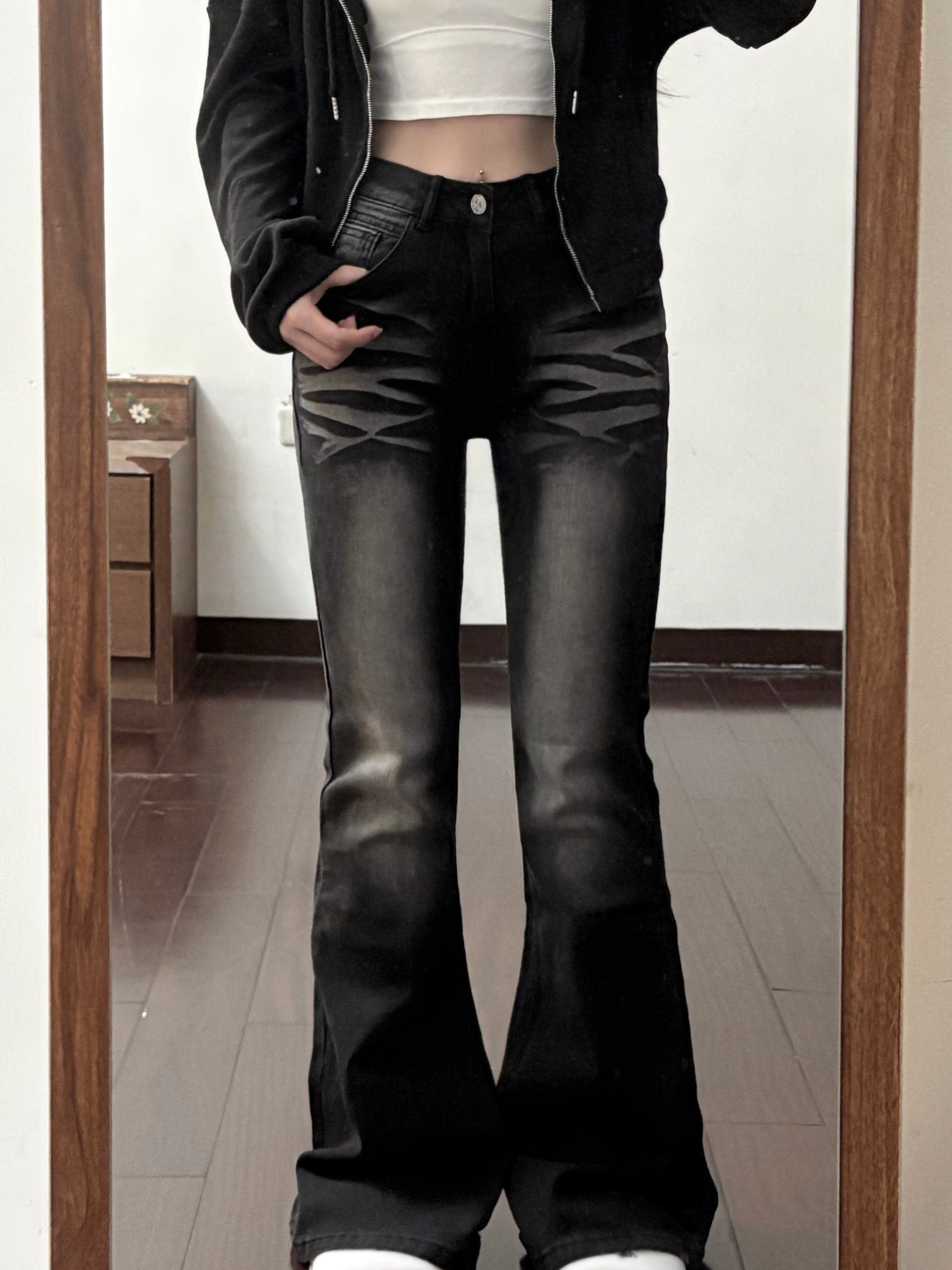 【限量現貨】Y2K刷白假摺感中低腰牛仔喇叭褲