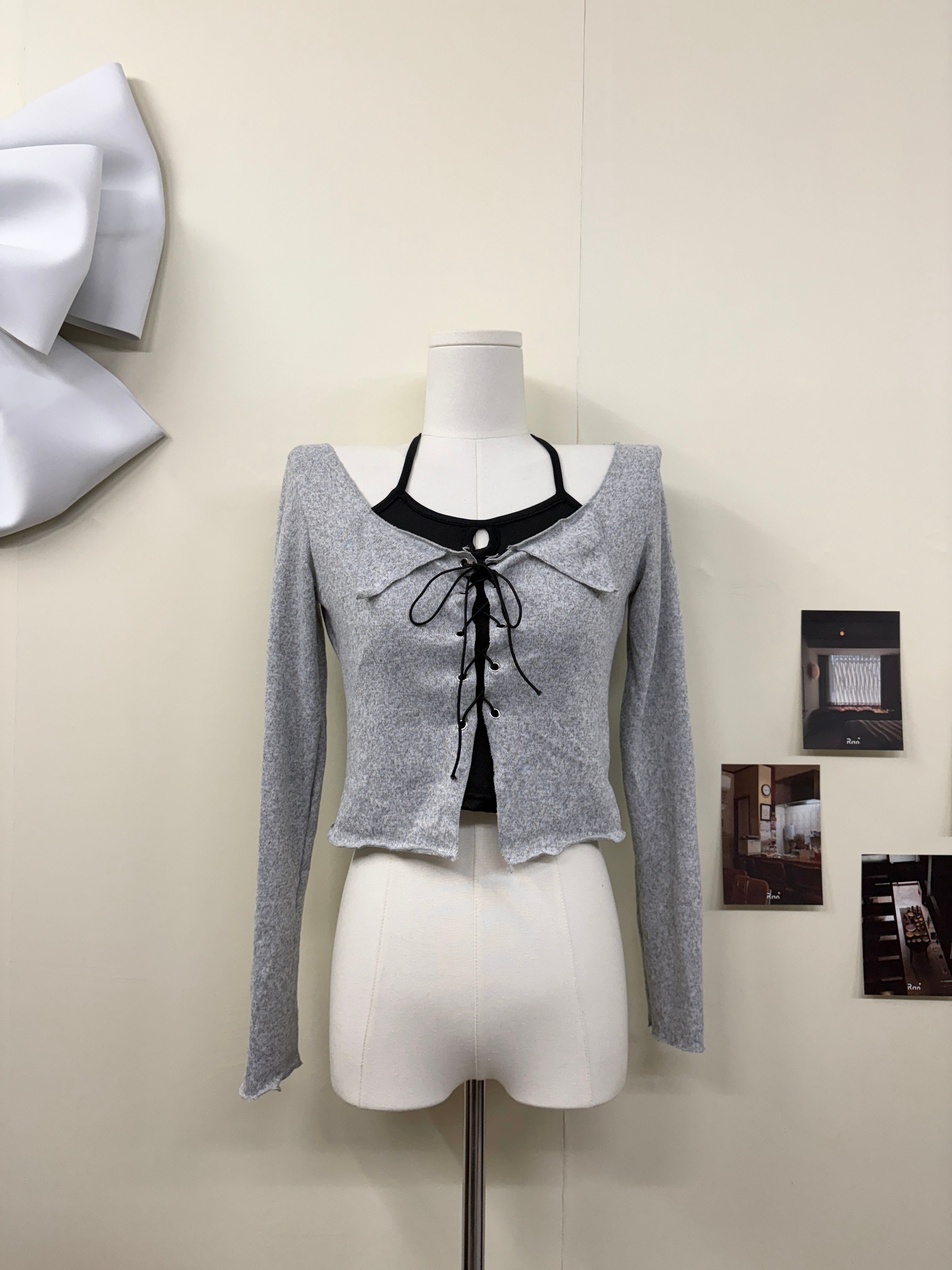 糯米花灰色綁帶真兩件上衣(附無罩杯背心)