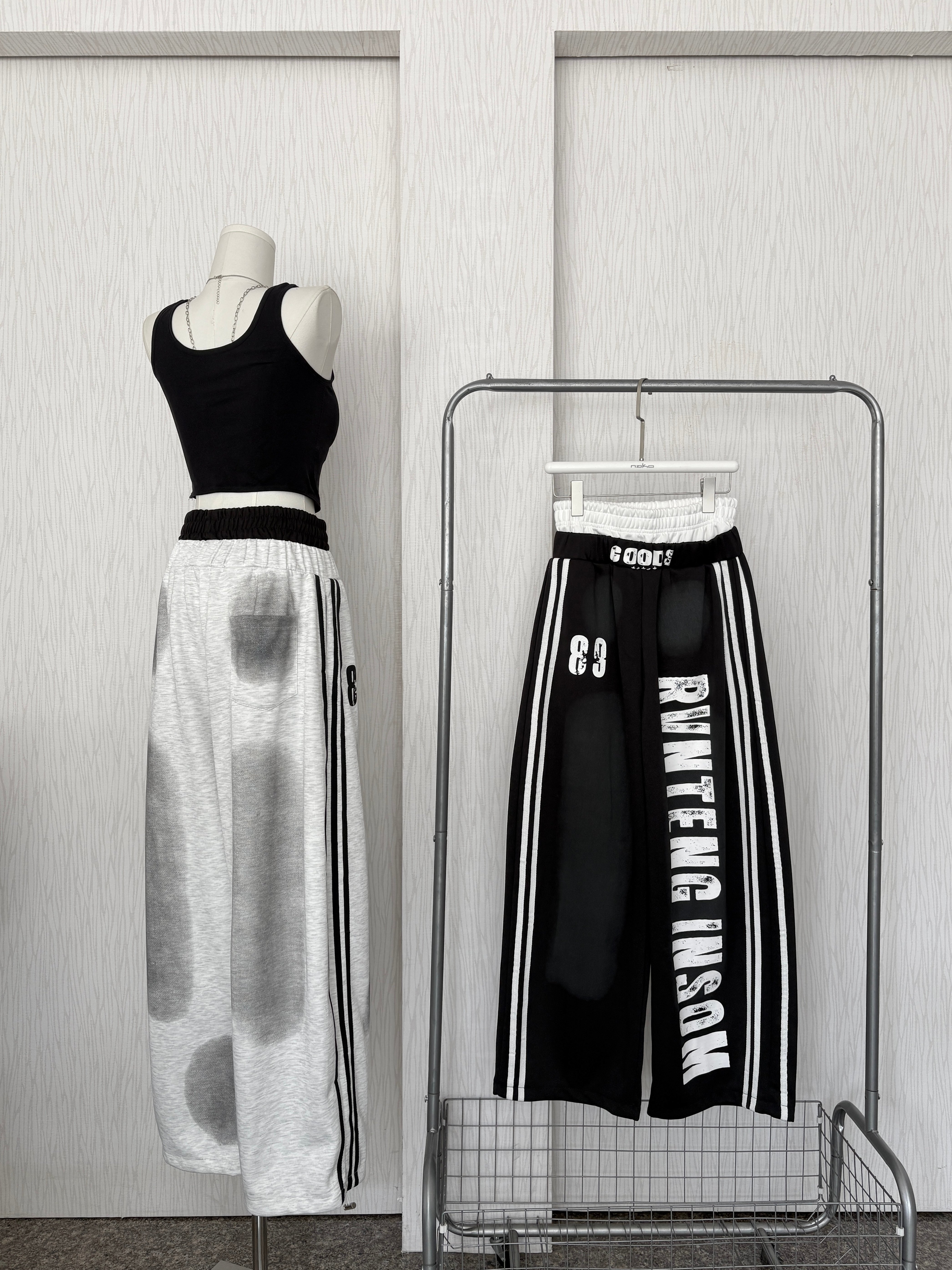 美式拼接雙褲頭撞色側線棉褲