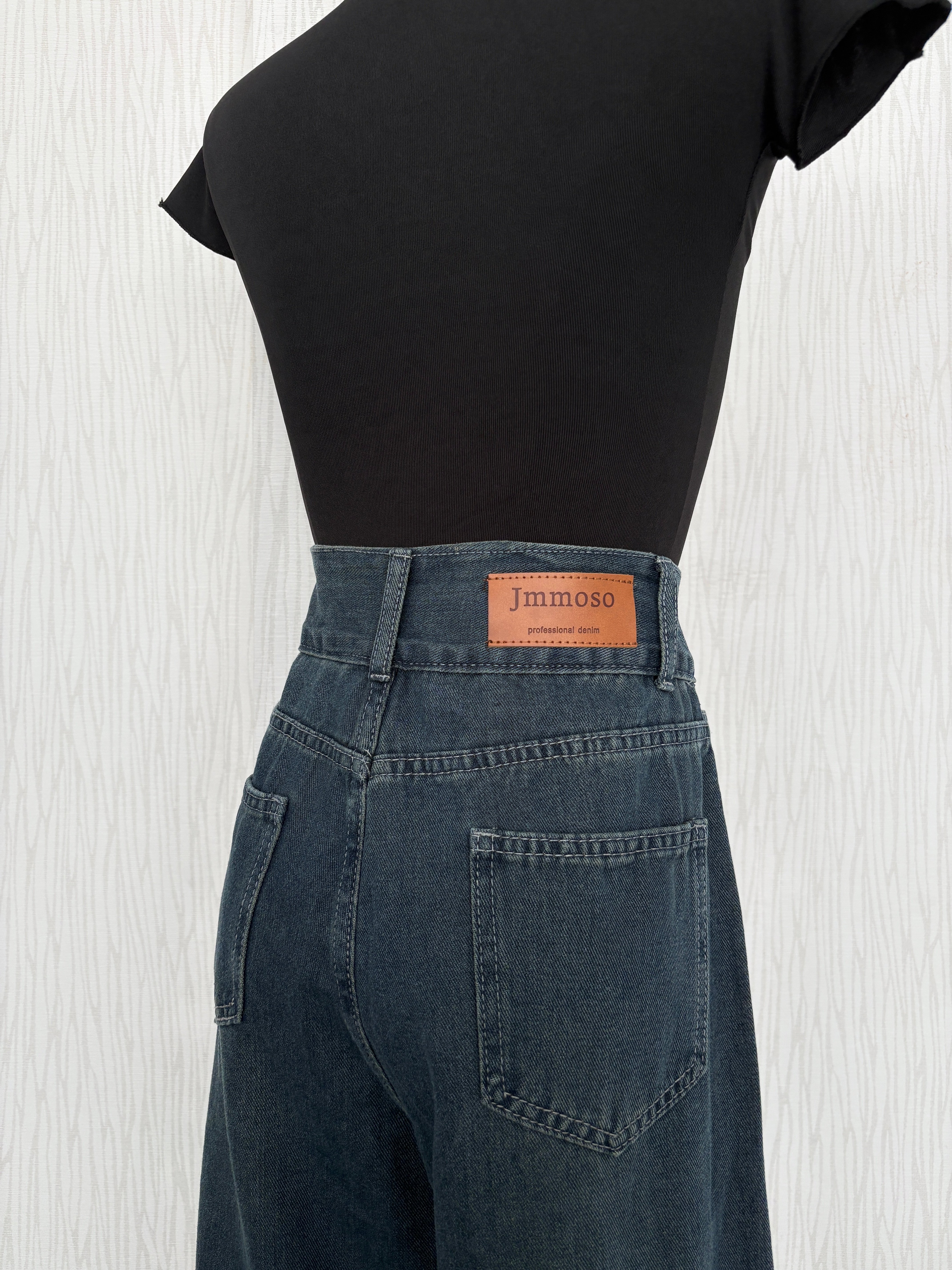 雙釦方口袋深藍色高腰直筒牛仔寬褲